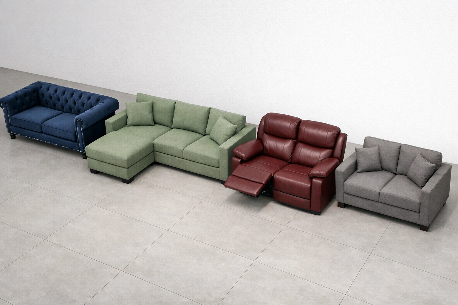 Different sofa types arranged in a showroom