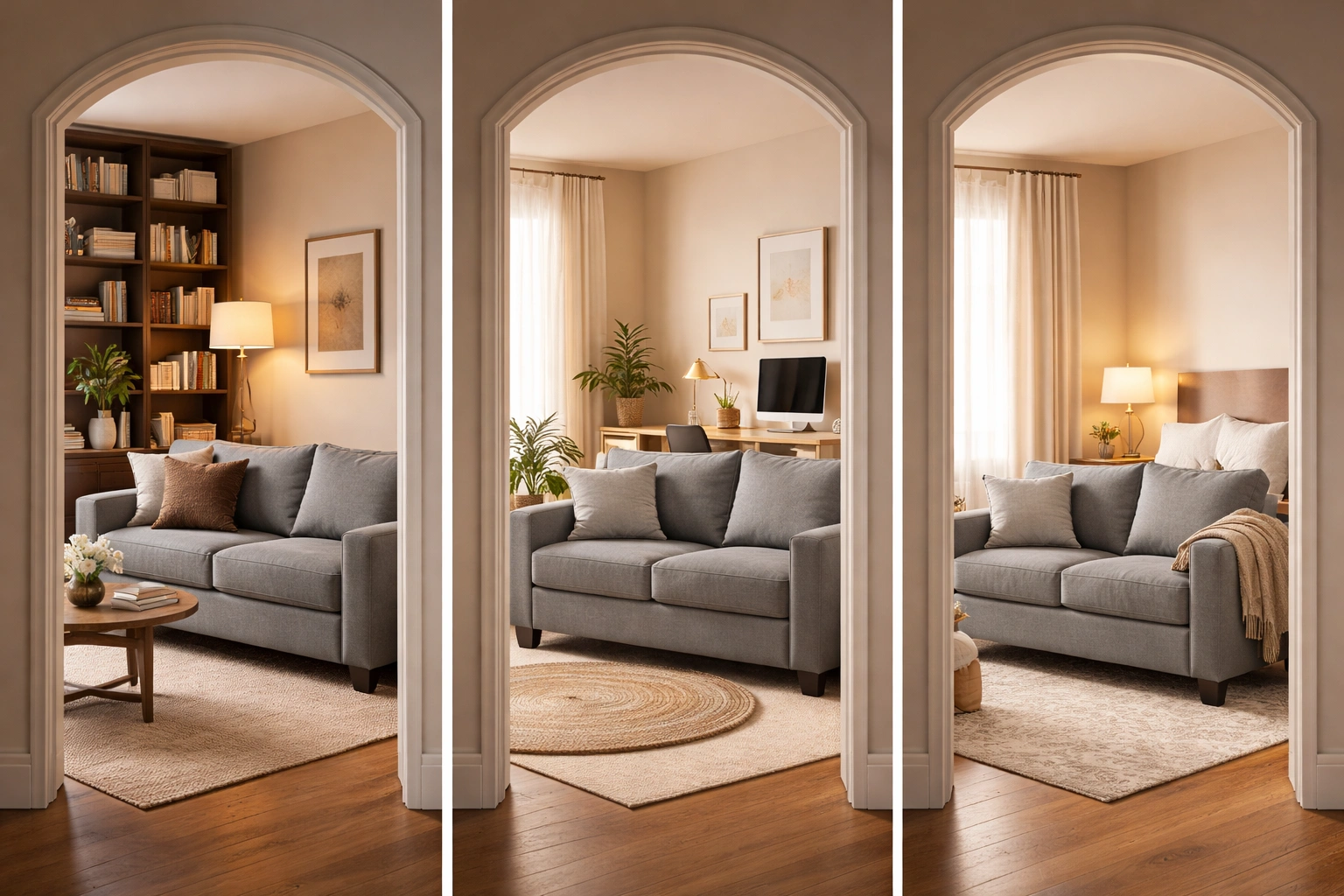 Sofa placed in different rooms showing various use cases
