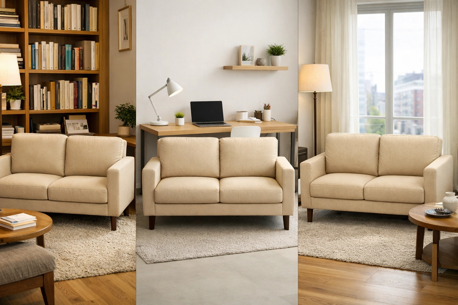 Sofa placed in different rooms and settings