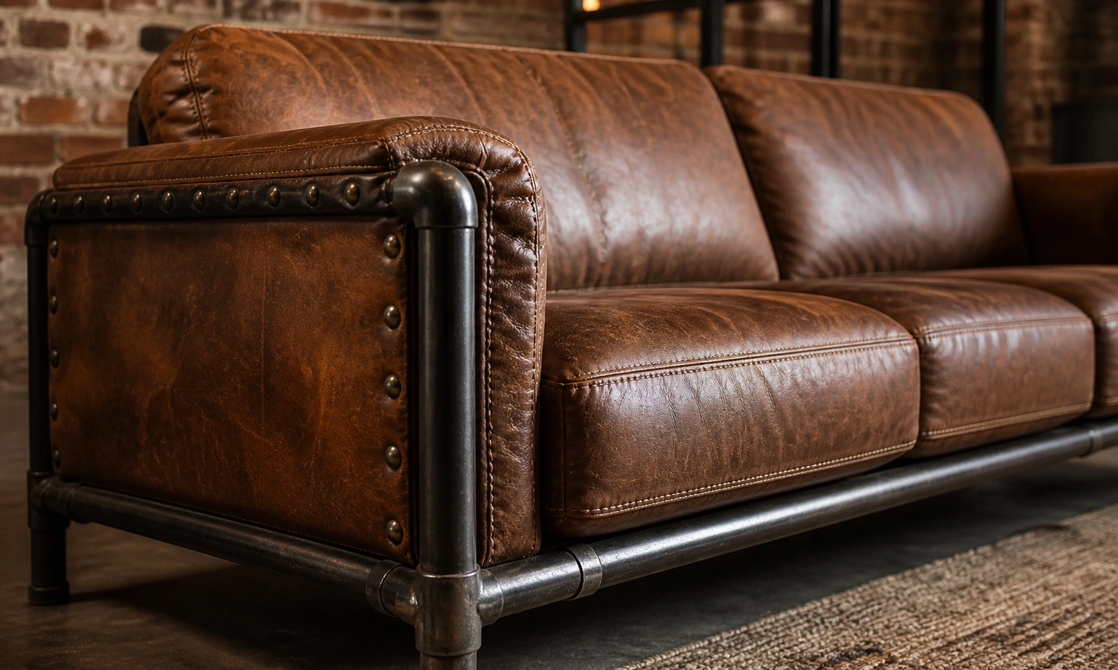 Industrial leather sofa with exposed metal frame in a loft living room