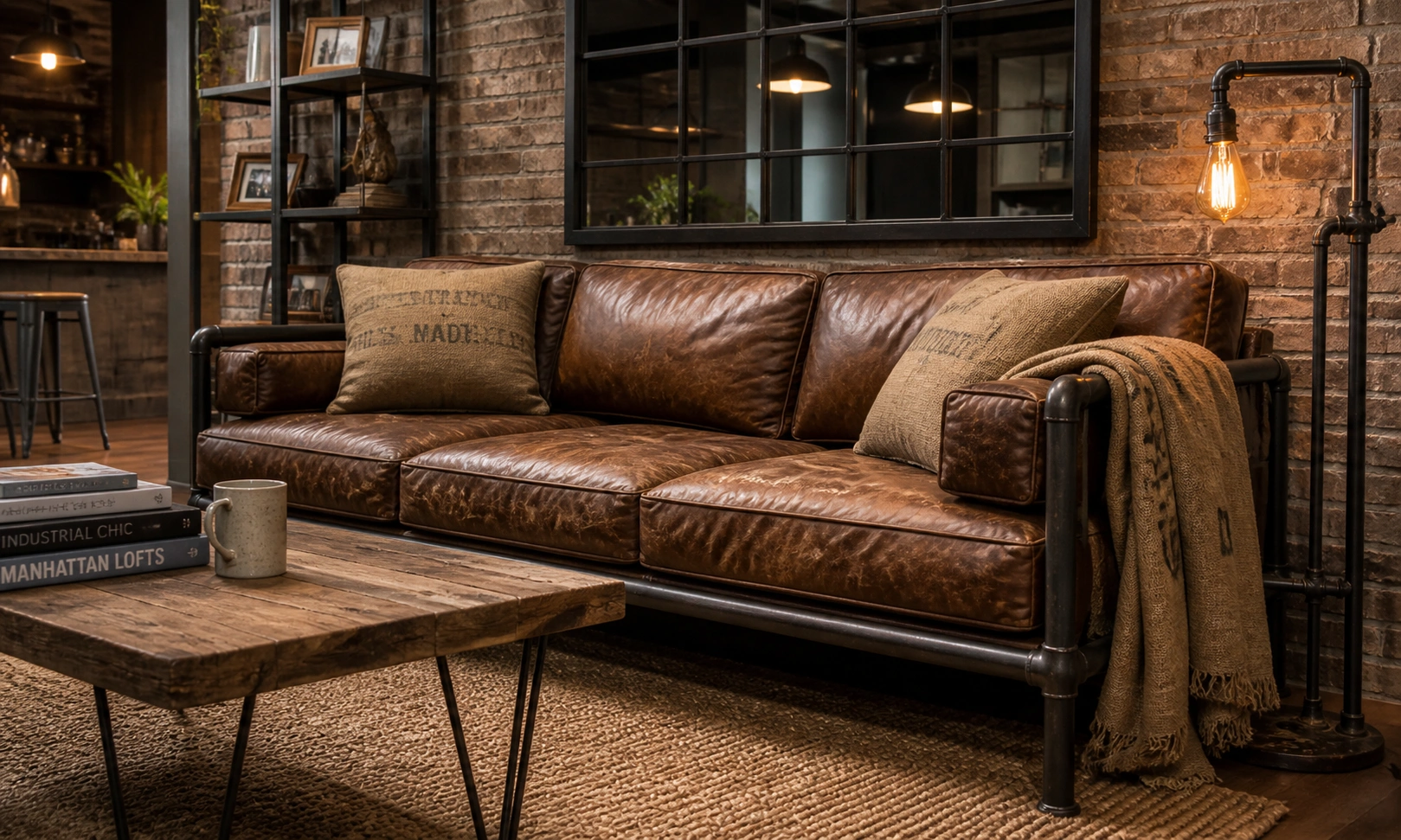 Styled industrial sofa in a living room with brick wall, metal lighting and wooden accents