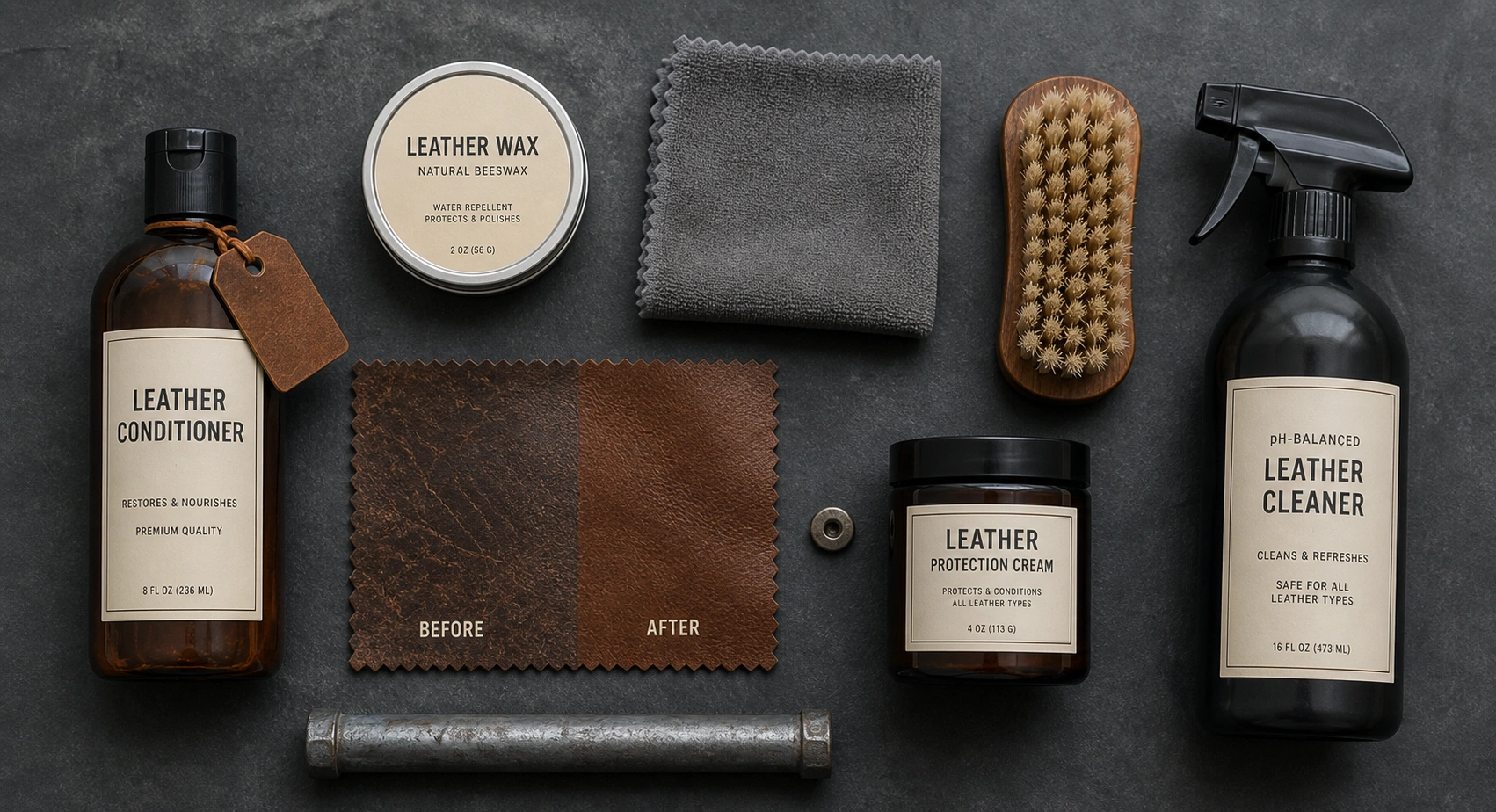 Leather conditioning products and cleaning supplies for industrial sofa care