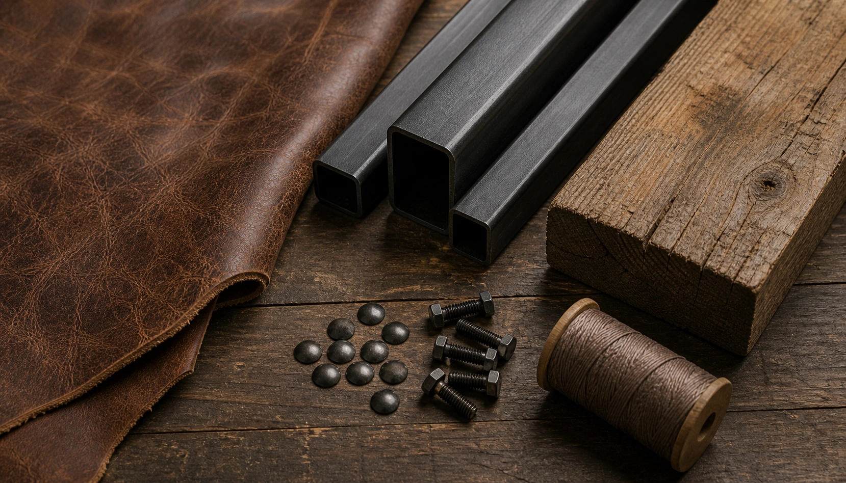Close-up view of industrial sofa materials including leather, metal frame and wood accents
