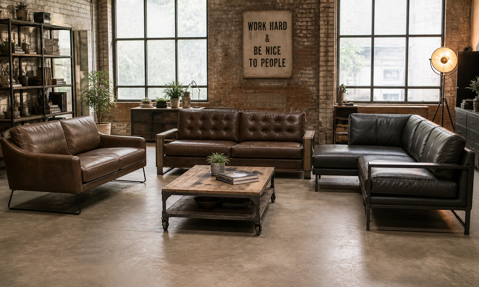 Various types of industrial sofas including sectional, loveseat and 3-seater configurations