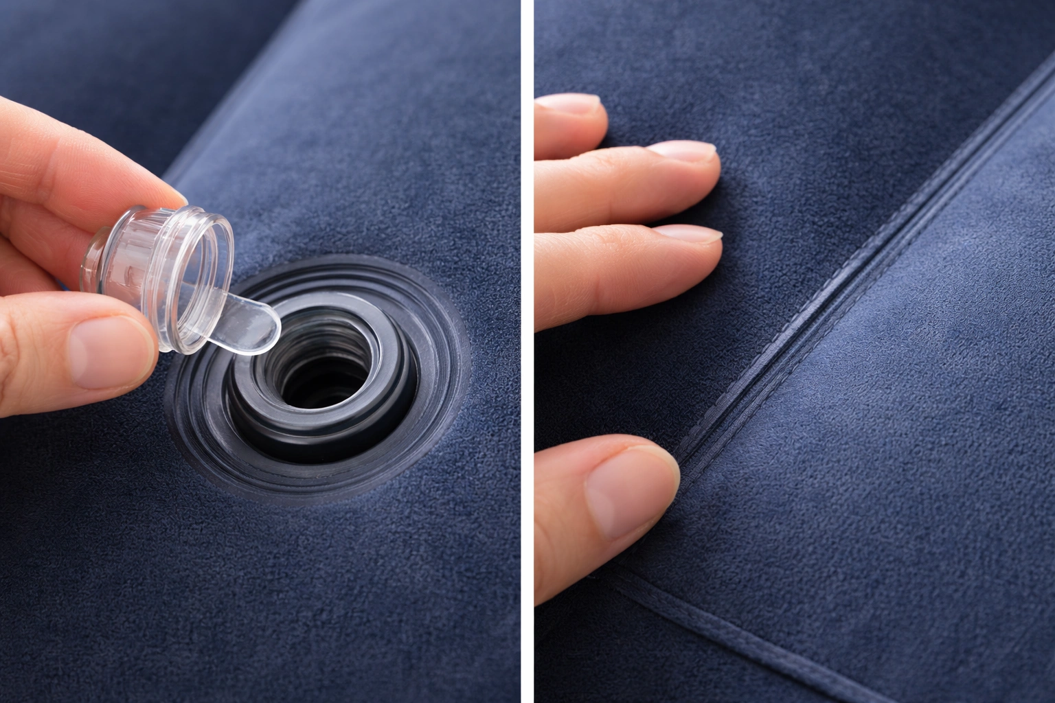Person inspecting inflatable couch valve and seam quality before purchase