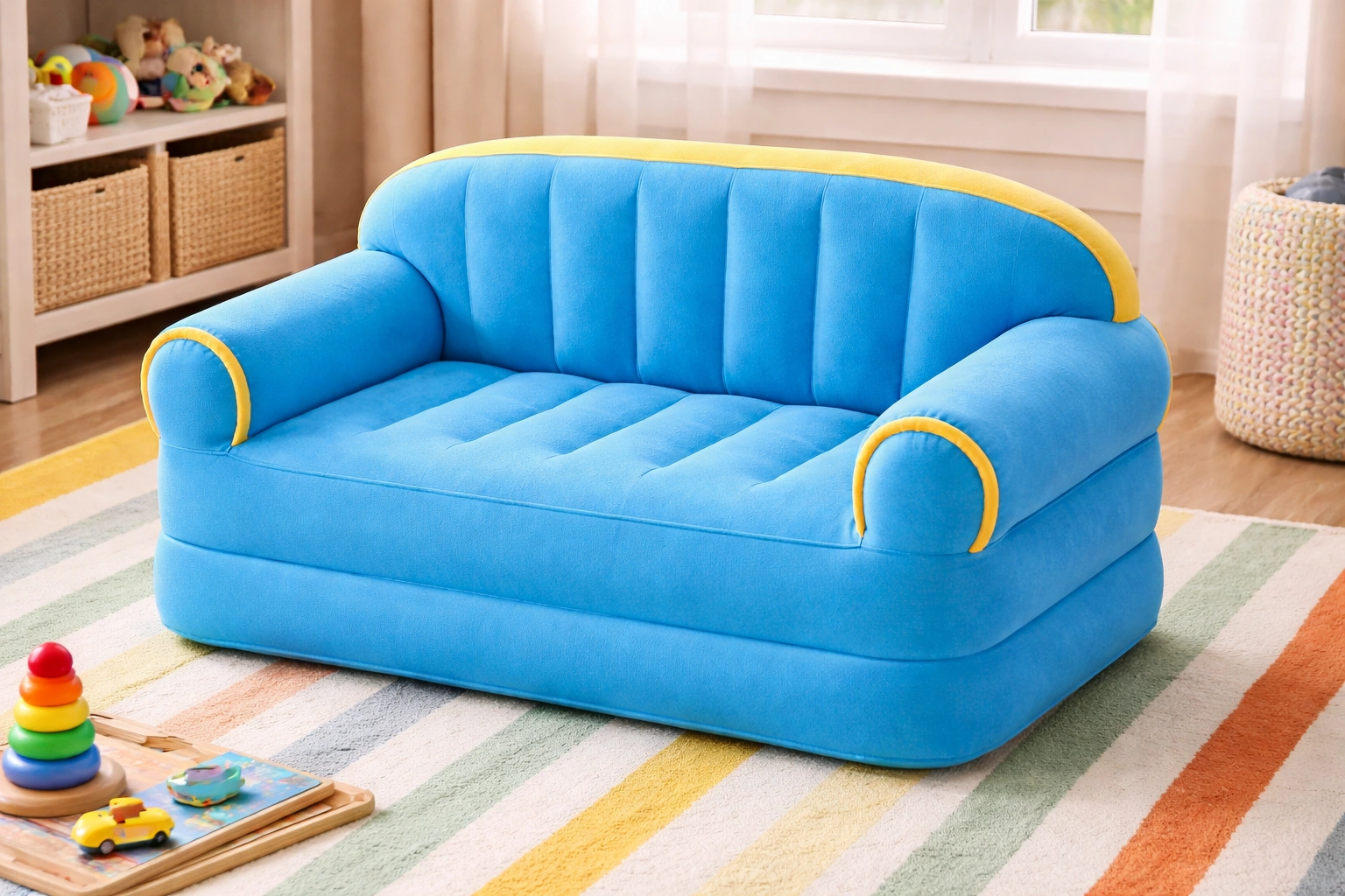 Small colorful inflatable couch designed for childrens playroom