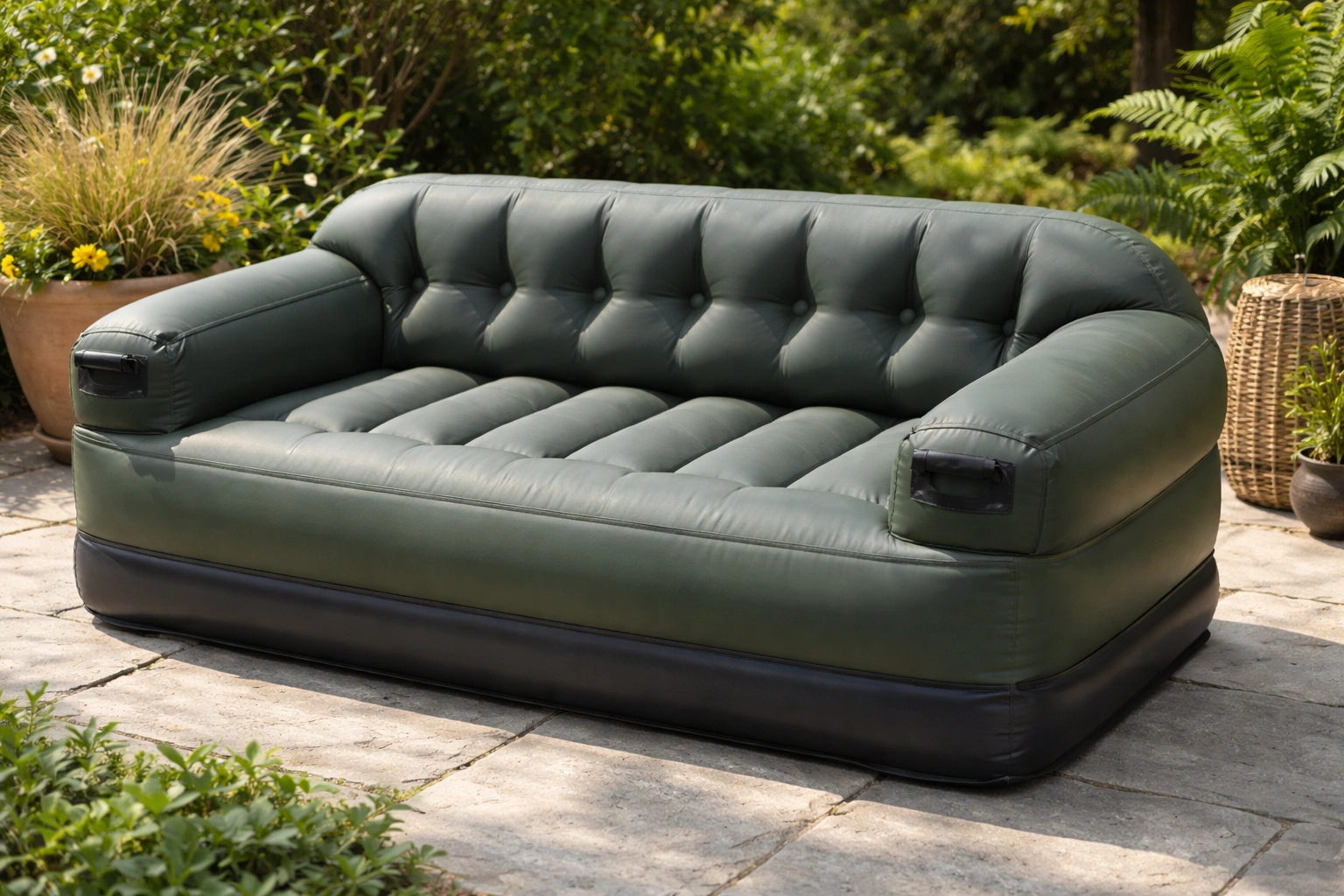 Heavy-duty outdoor inflatable couch with UV-resistant material on a patio