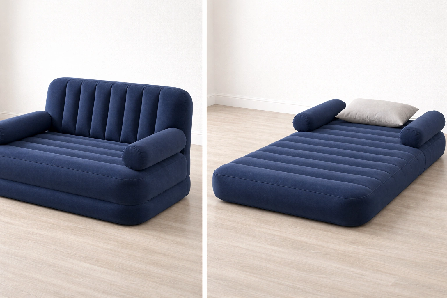 Inflatable sofa bed with removable divider converting from couch to flat sleeping surface