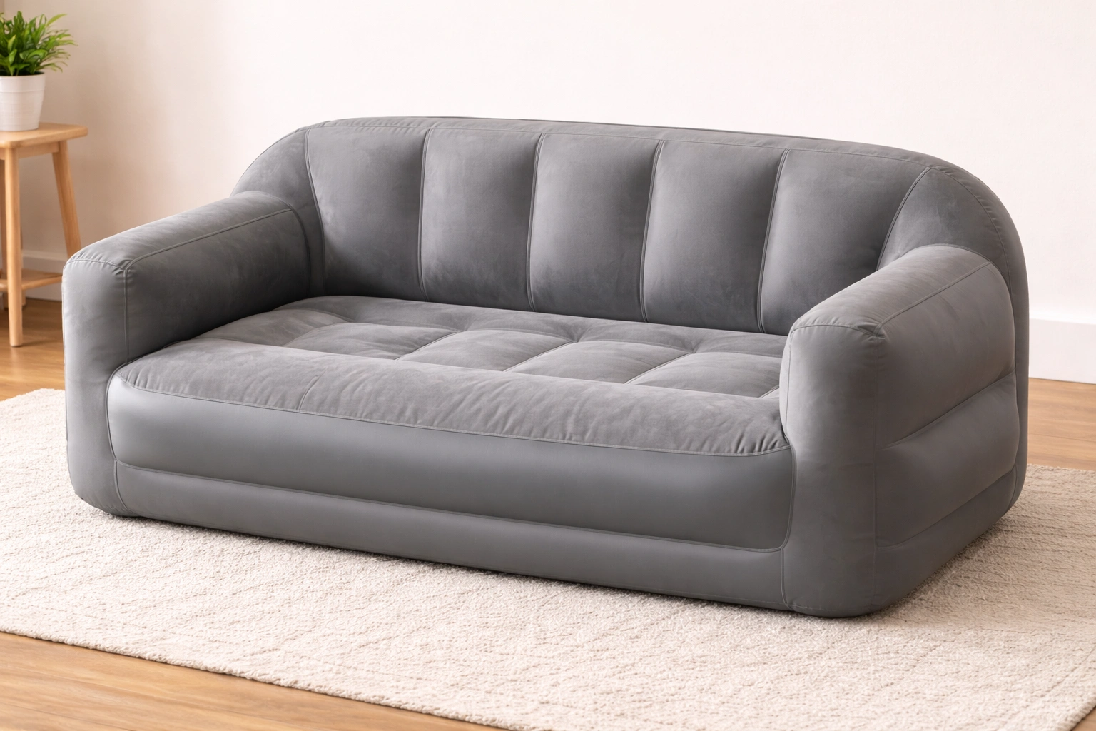 Standard inflatable couch with structured backrest and armrests in a living room