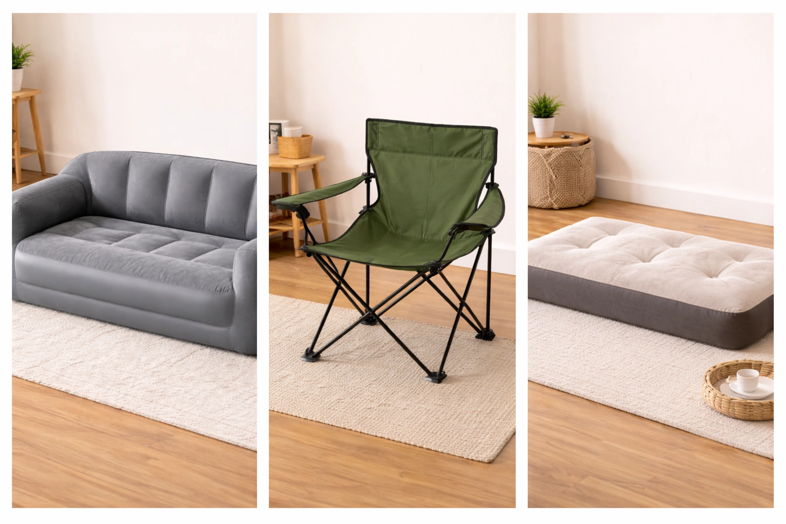 Side by side comparison of inflatable couch camping chair and floor sofa in a room setting
