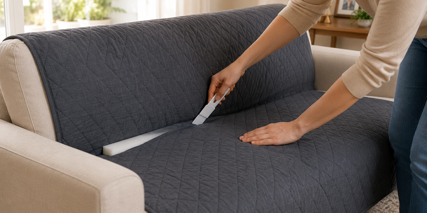 Hands tucking a pet-proof sofa cover into the seat crevice for a secure wrinkle-free fit