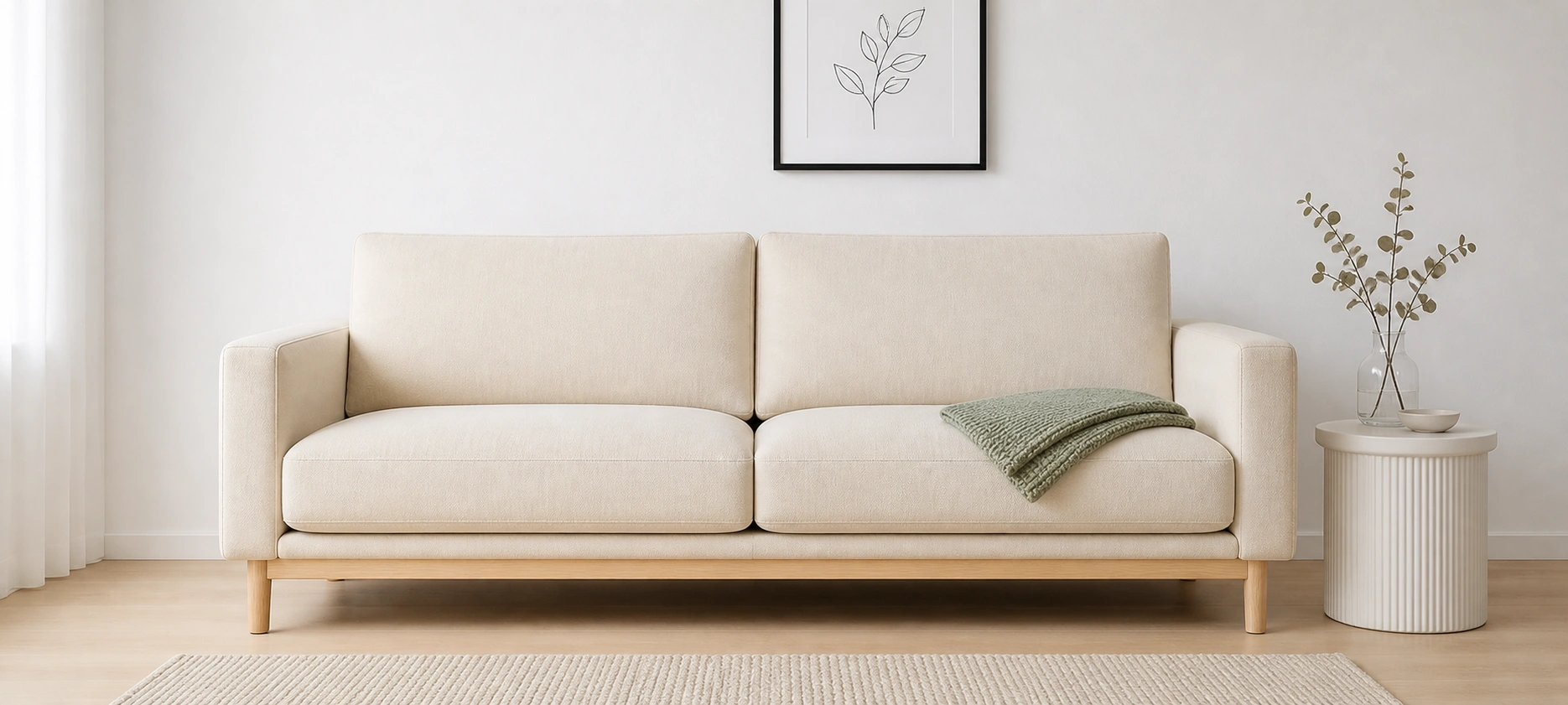 Ivory sofa in a minimalist Scandinavian-inspired room
