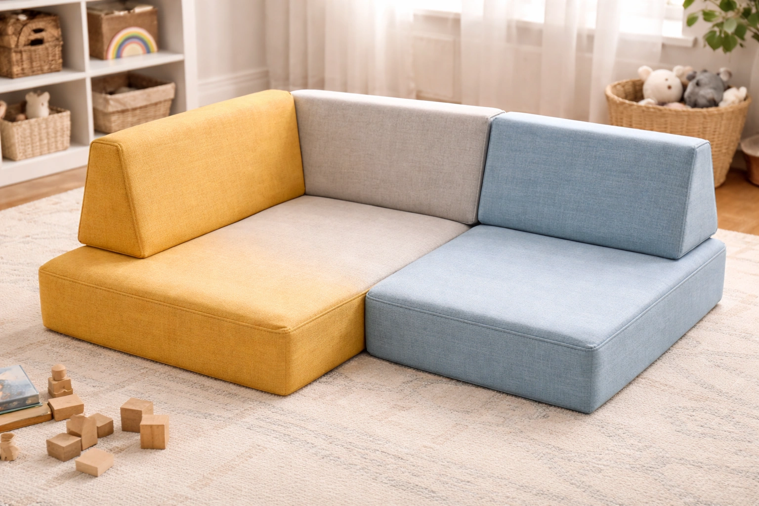 Modular kids sofa pieces that can be rearranged into different configurations