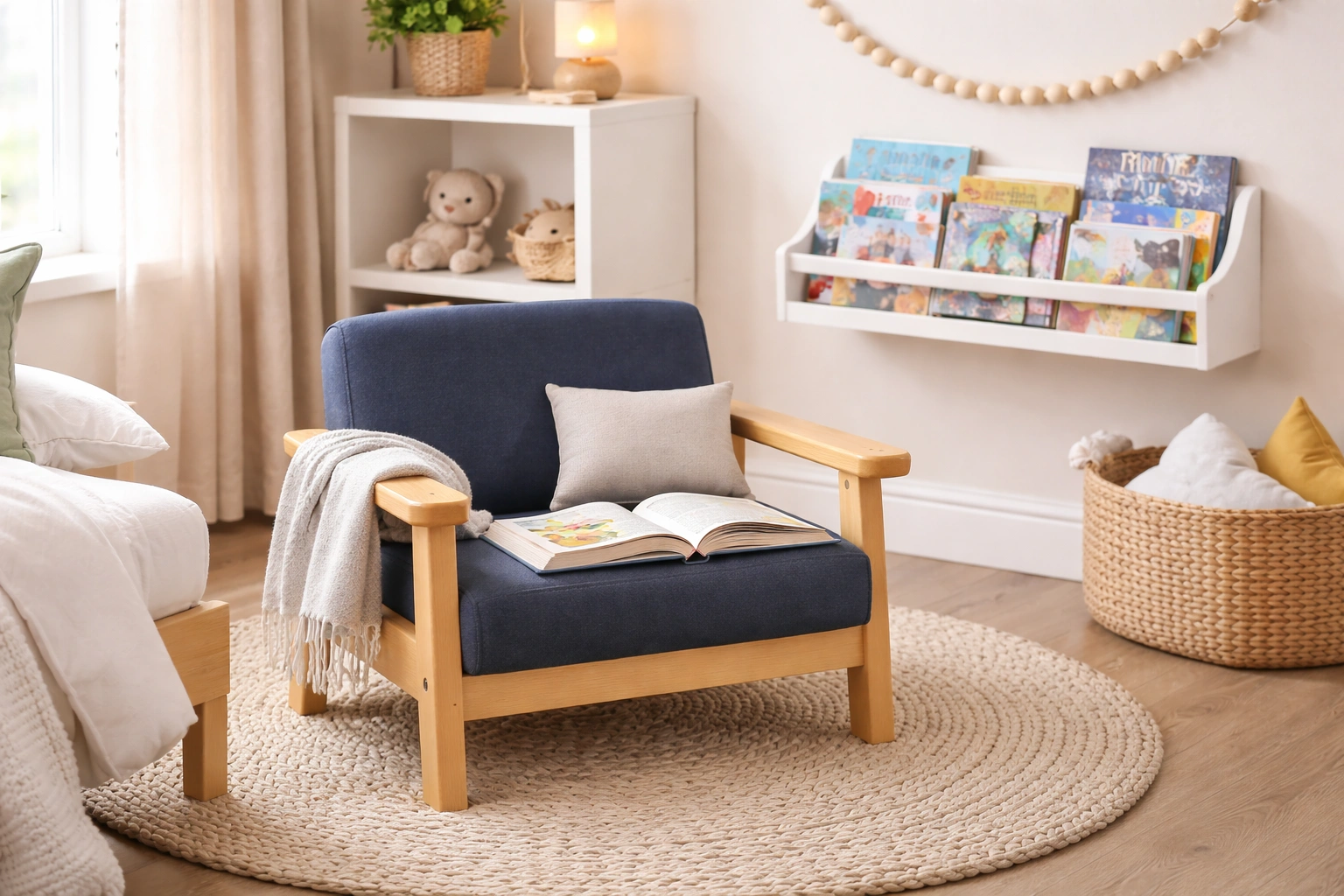 Kids sofa placed in a bedroom reading corner with bookshelf and natural lighting