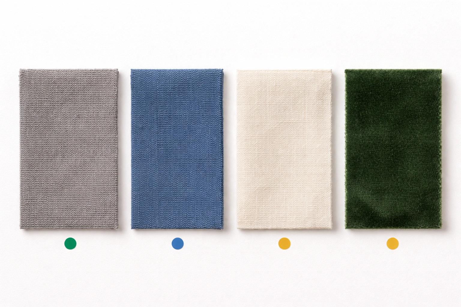 Fabric swatches comparing microfiber, performance fabric, cotton, and velvet for kids sofas
