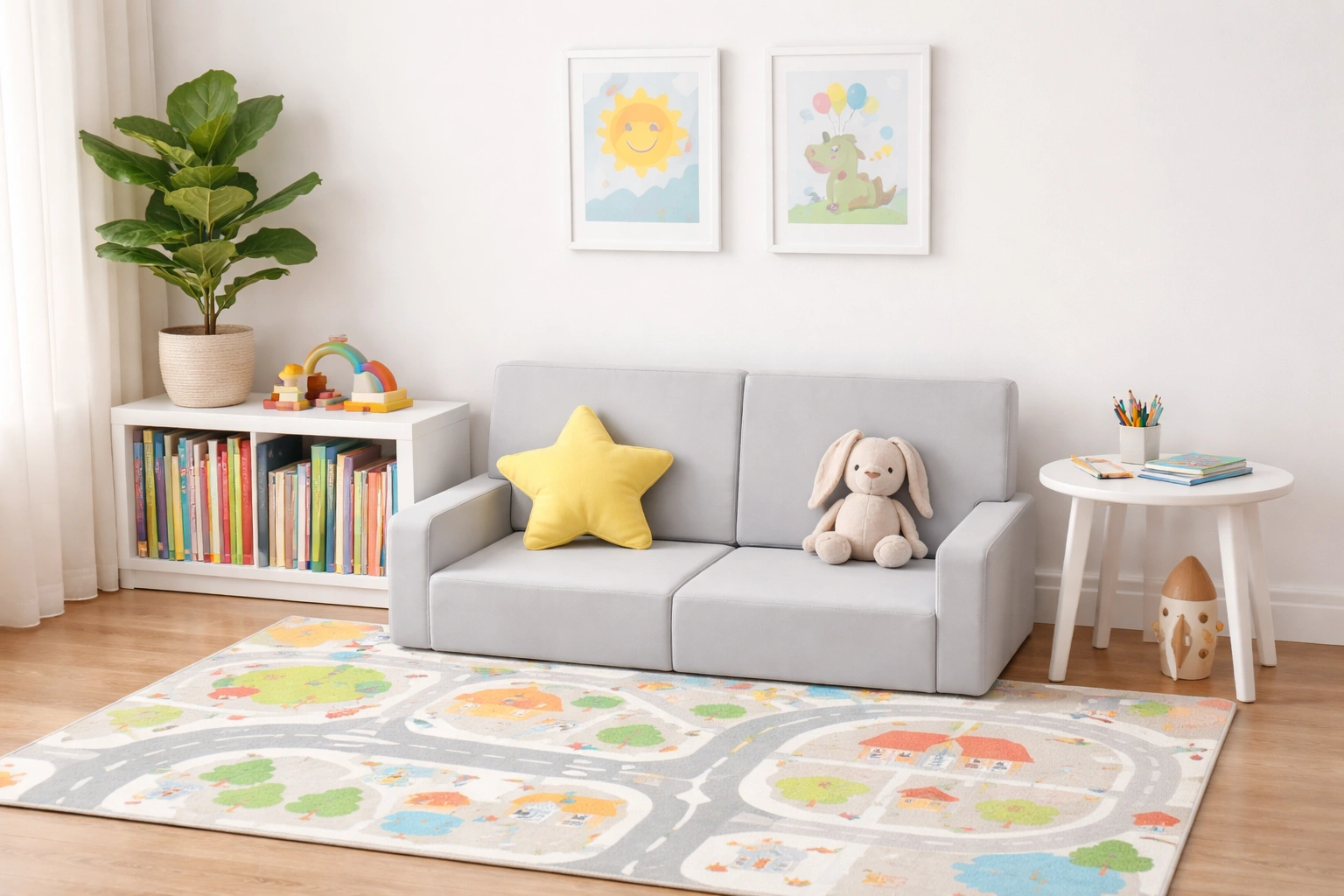 Kids sofa arranged in a bright playroom setting with bookshelf and toys