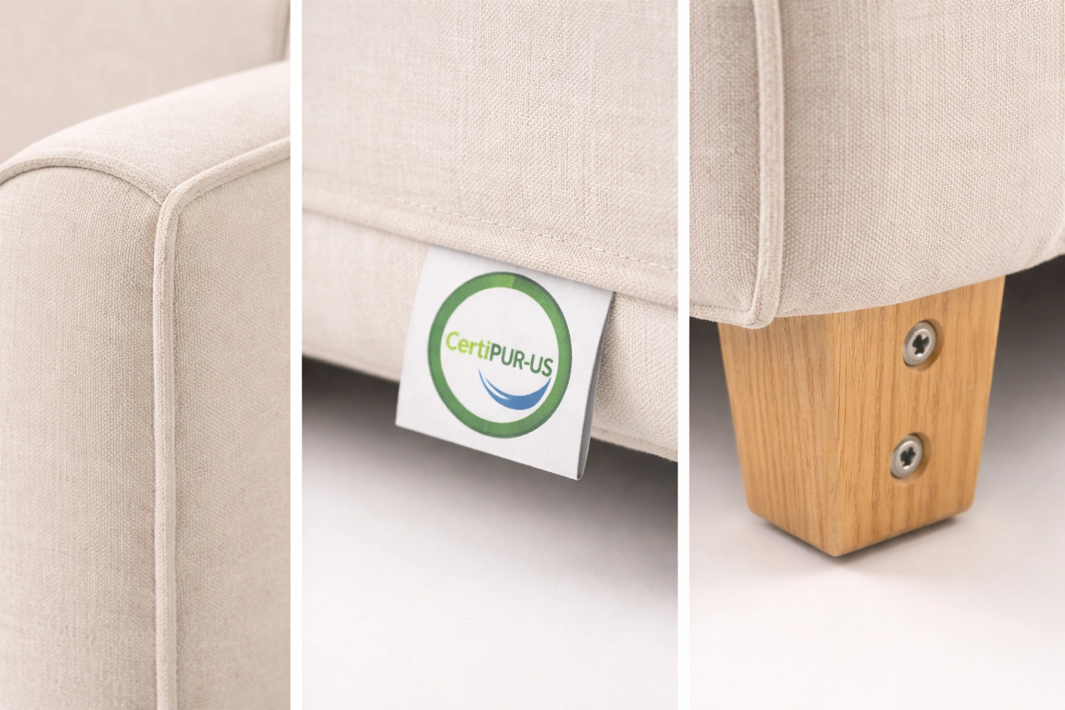 Close-up showing rounded edges, CertiPUR-US label, and secure construction of a kids sofa