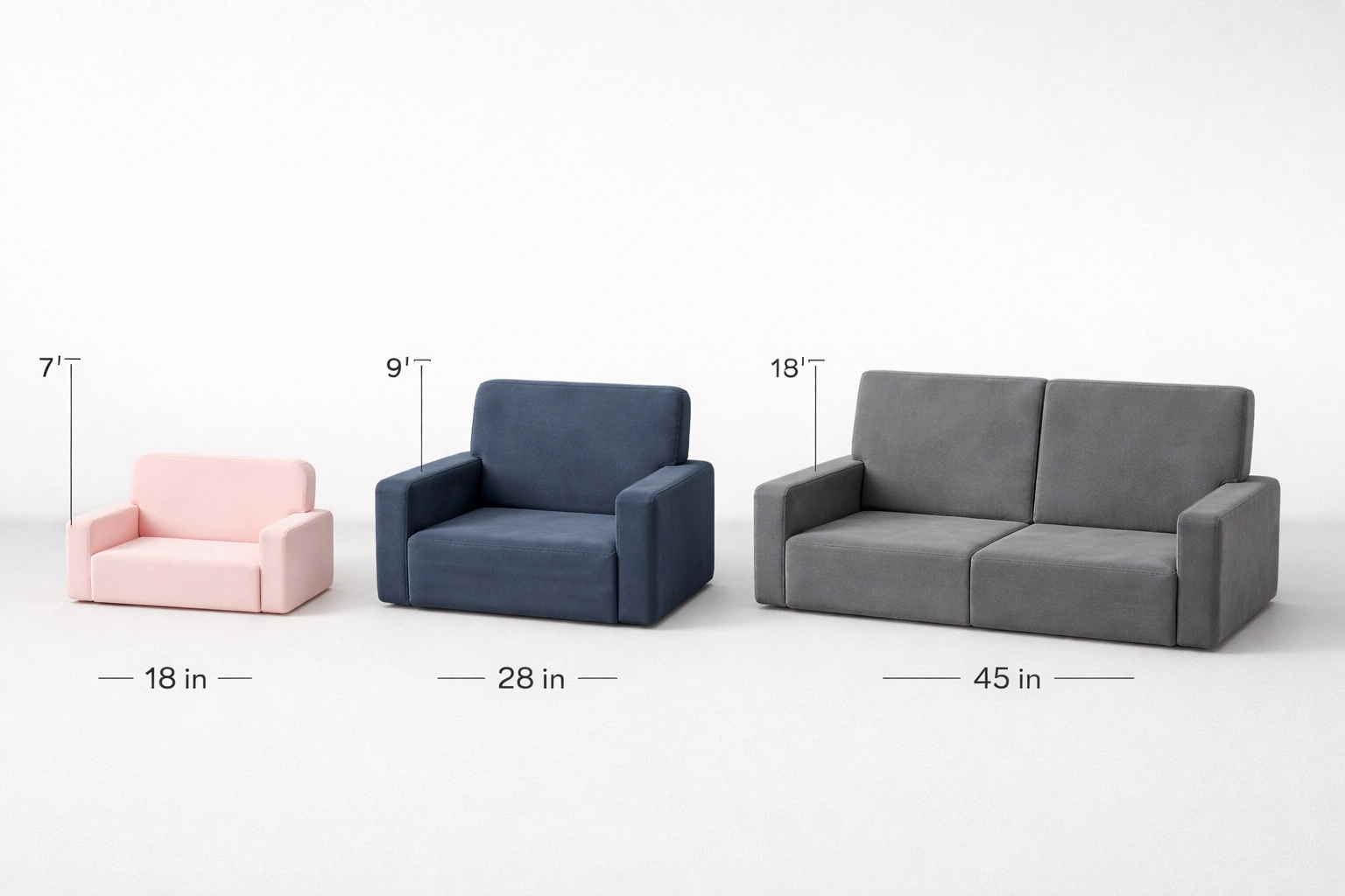 Visual size comparison showing different kids sofa sizes next to children of various ages
