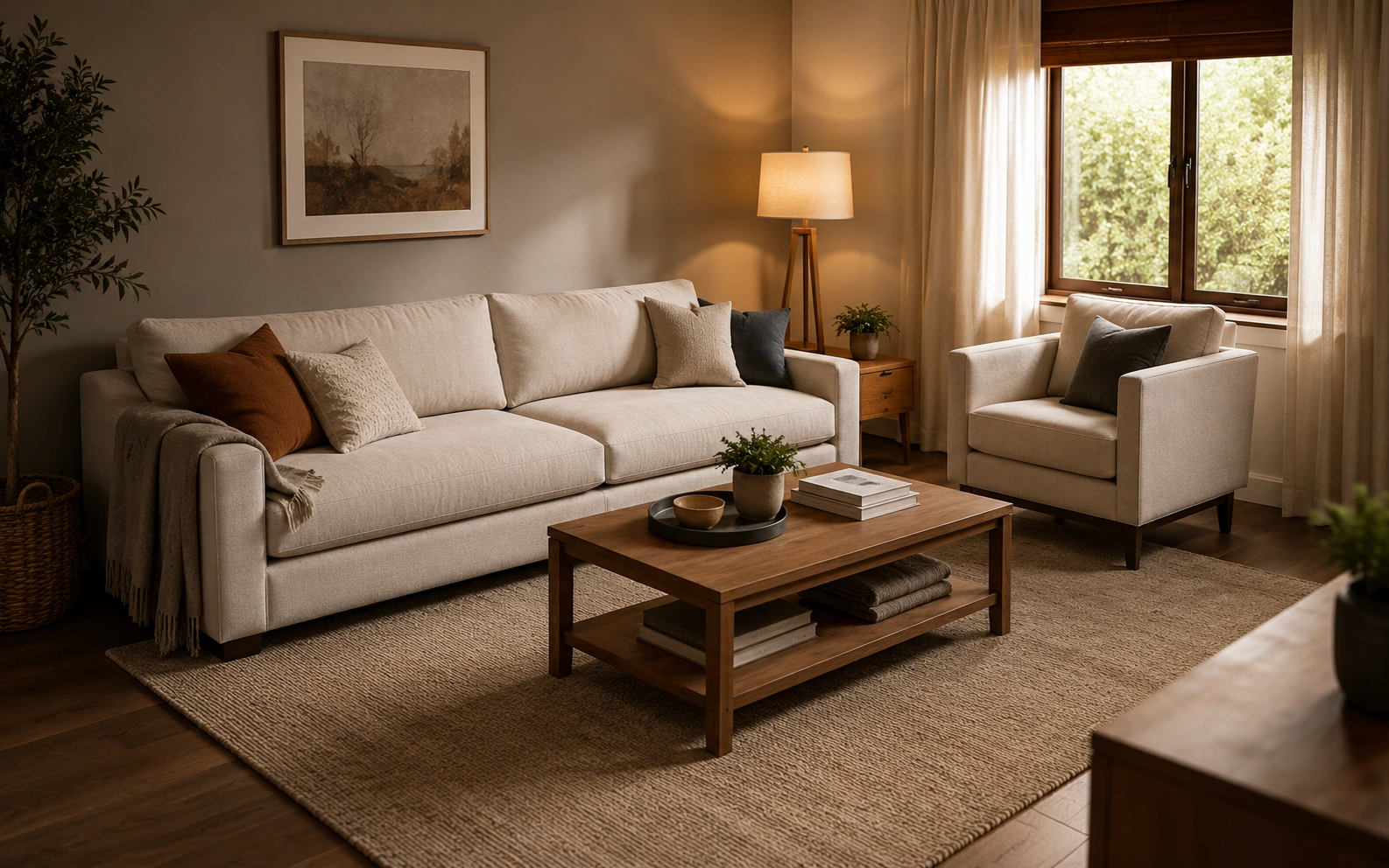 L-shaped furniture arrangement with sofa and chair forming a right angle