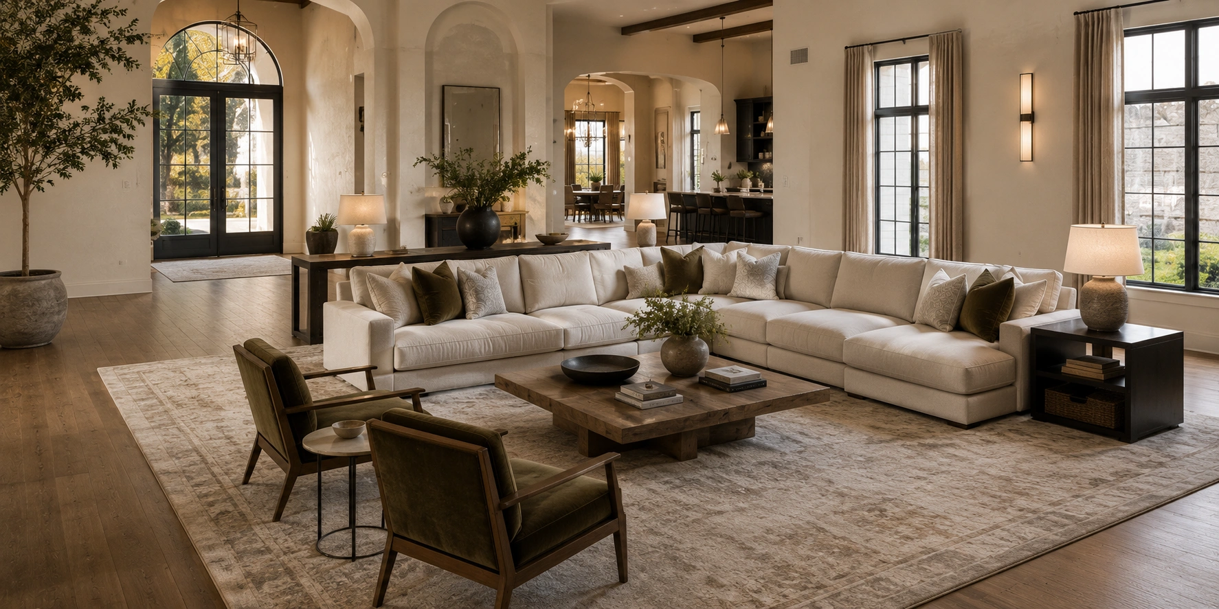 Spacious living room with large sectional sofa floating in the center defining a conversation zone