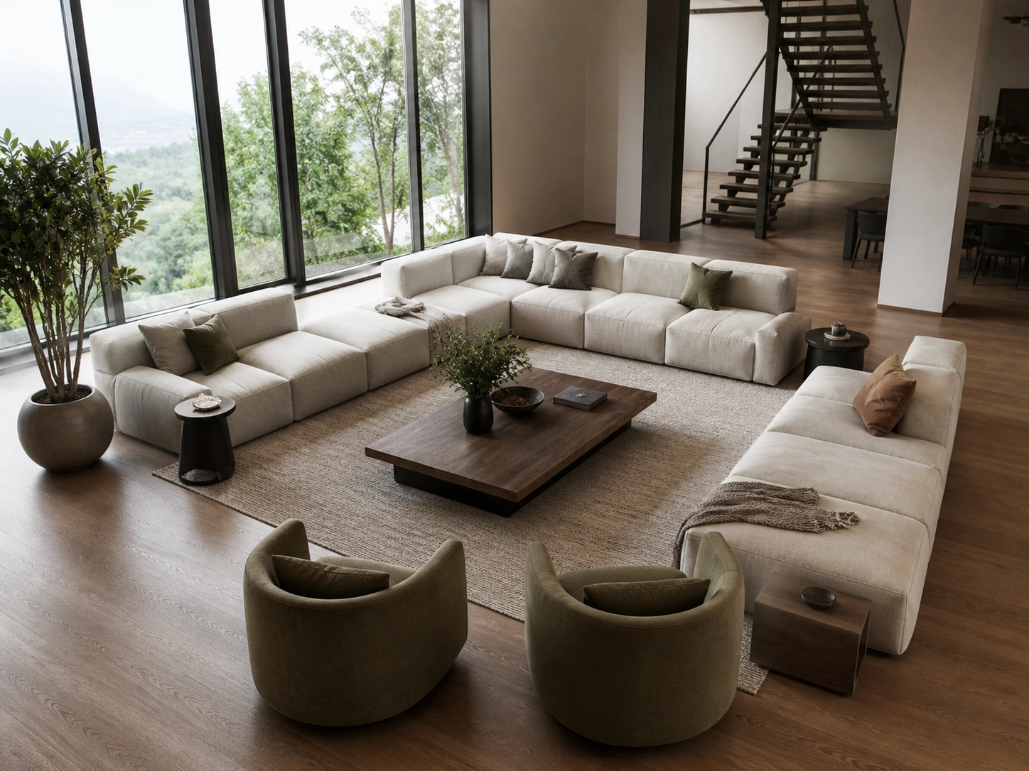 Modular sofa configuration in a large open space