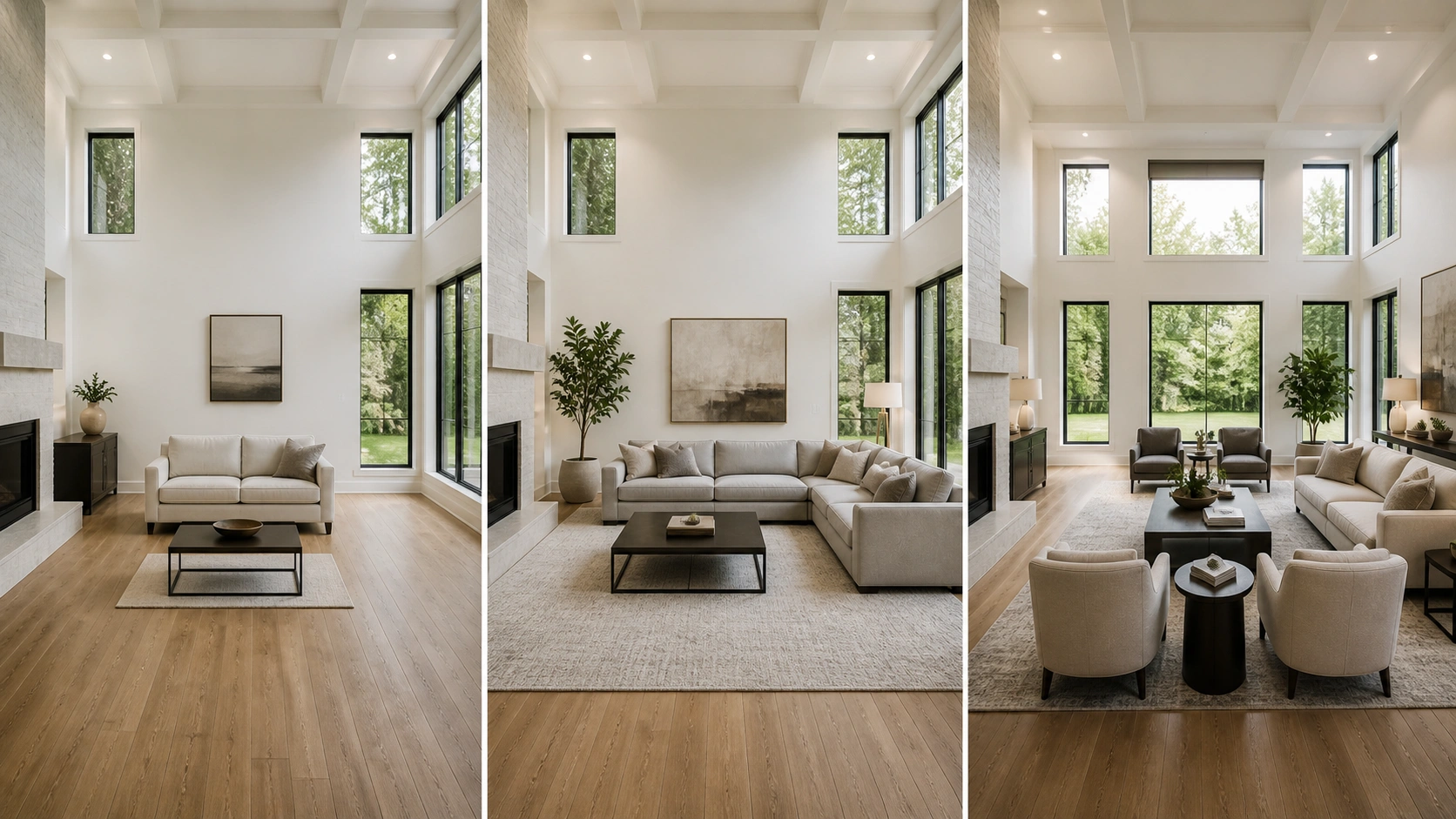 Visual comparison of common large room sofa mistakes versus correct solutions