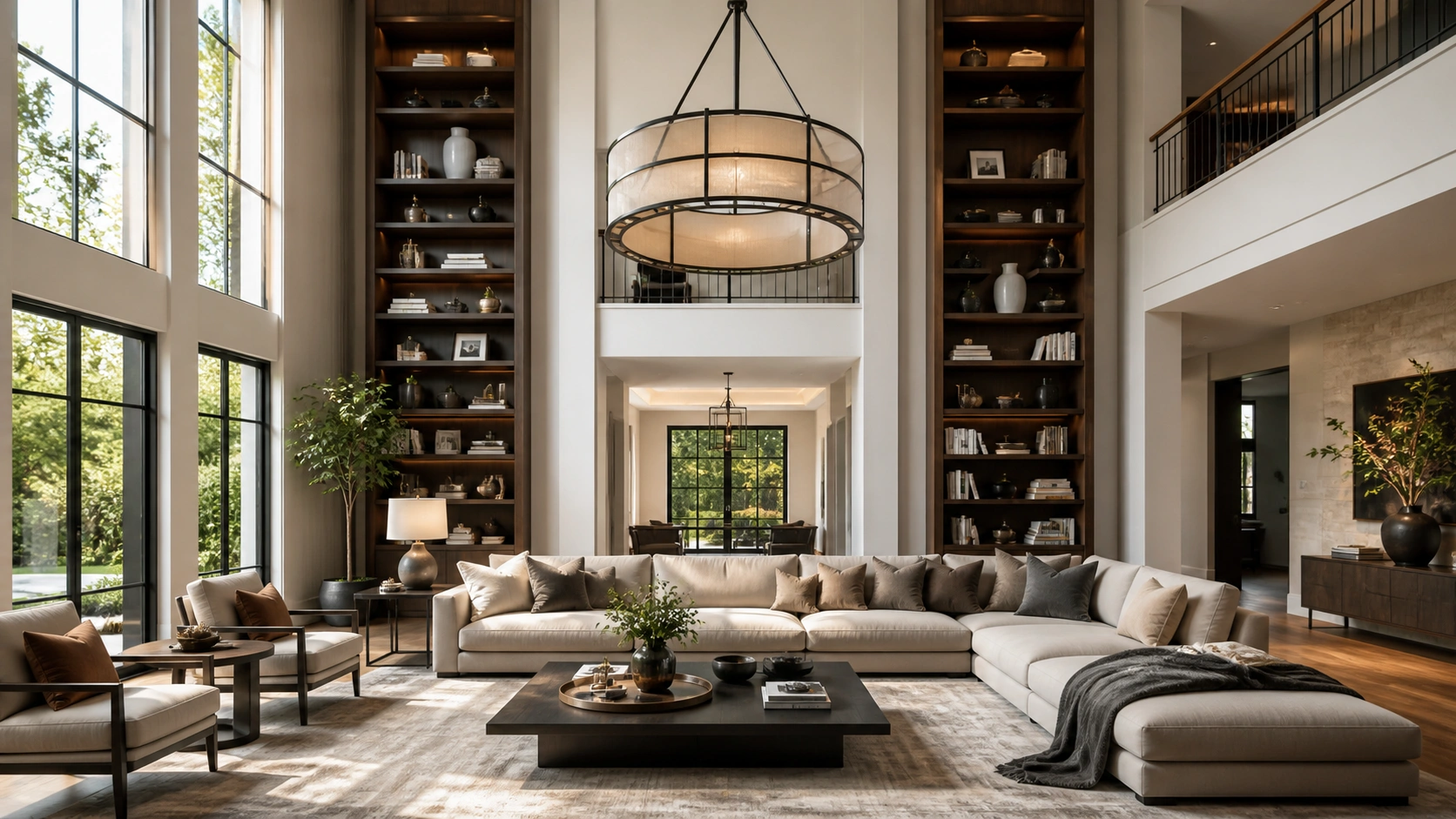 Large living room with tall bookcase and pendant lights balancing a sectional sofa