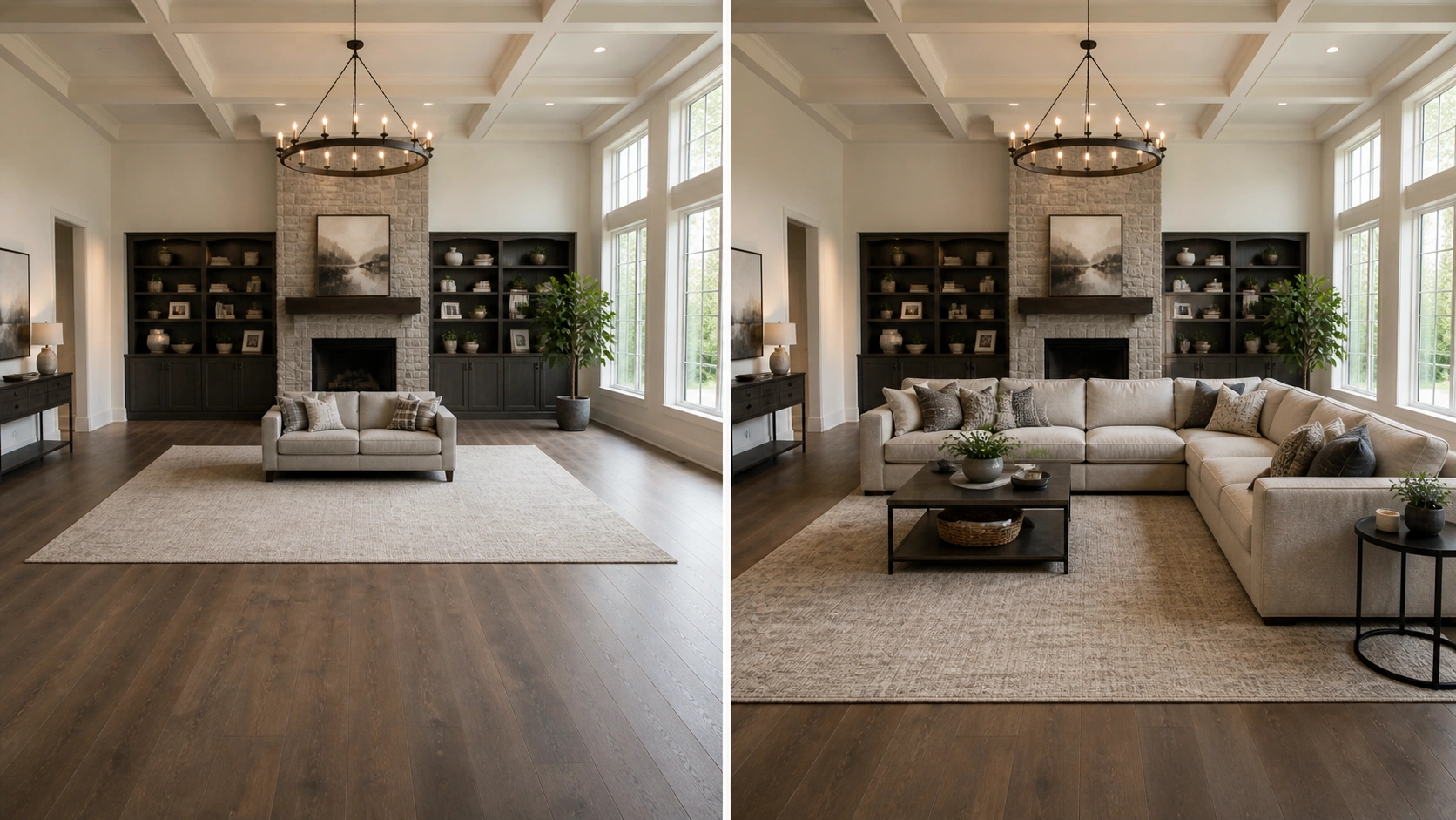 Comparison showing undersized sofa versus properly scaled sofa in a large living room