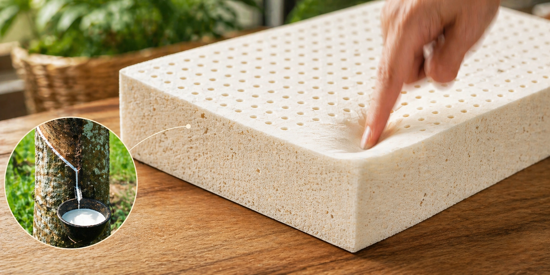 Natural latex foam cushion showing rubber tree sap origin and bouncy texture