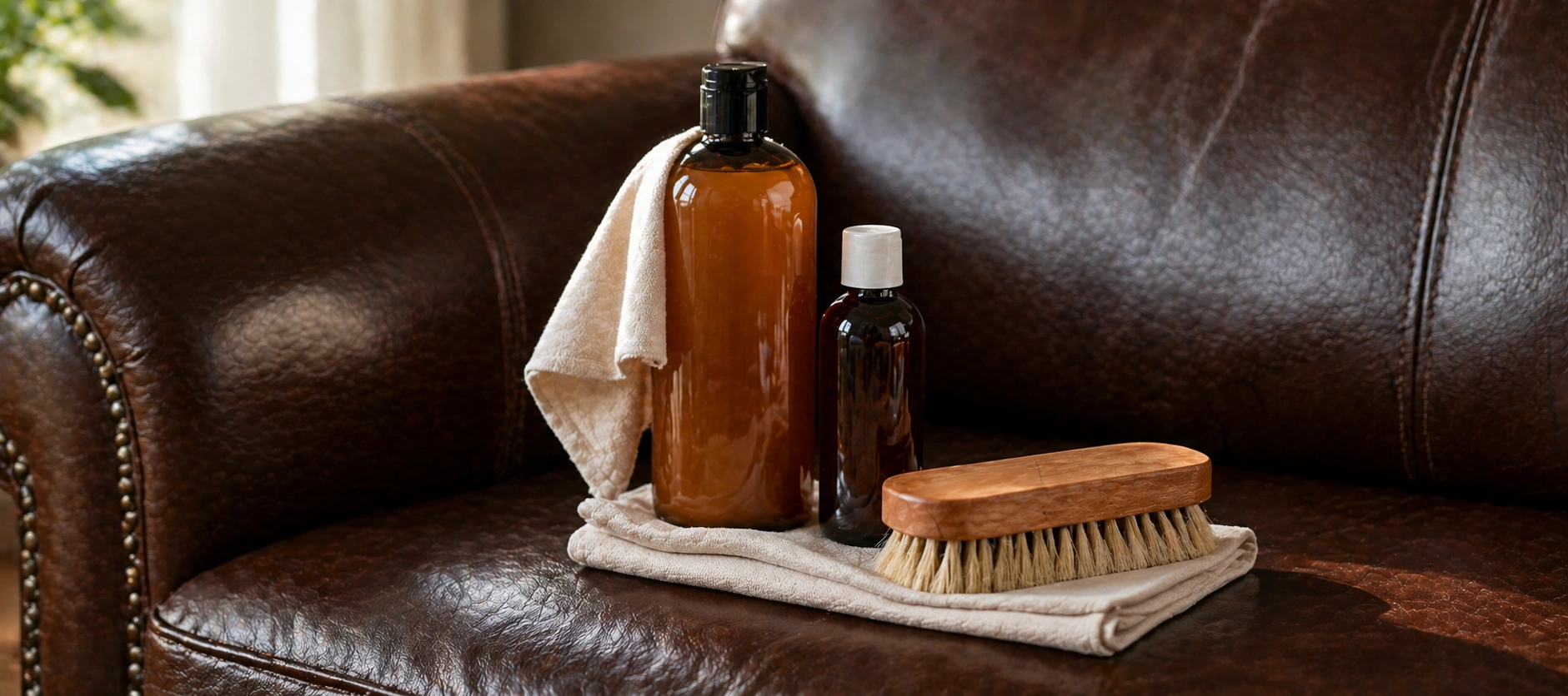 Leather care products including conditioner, cleaner, and protection spray arranged on a sofa