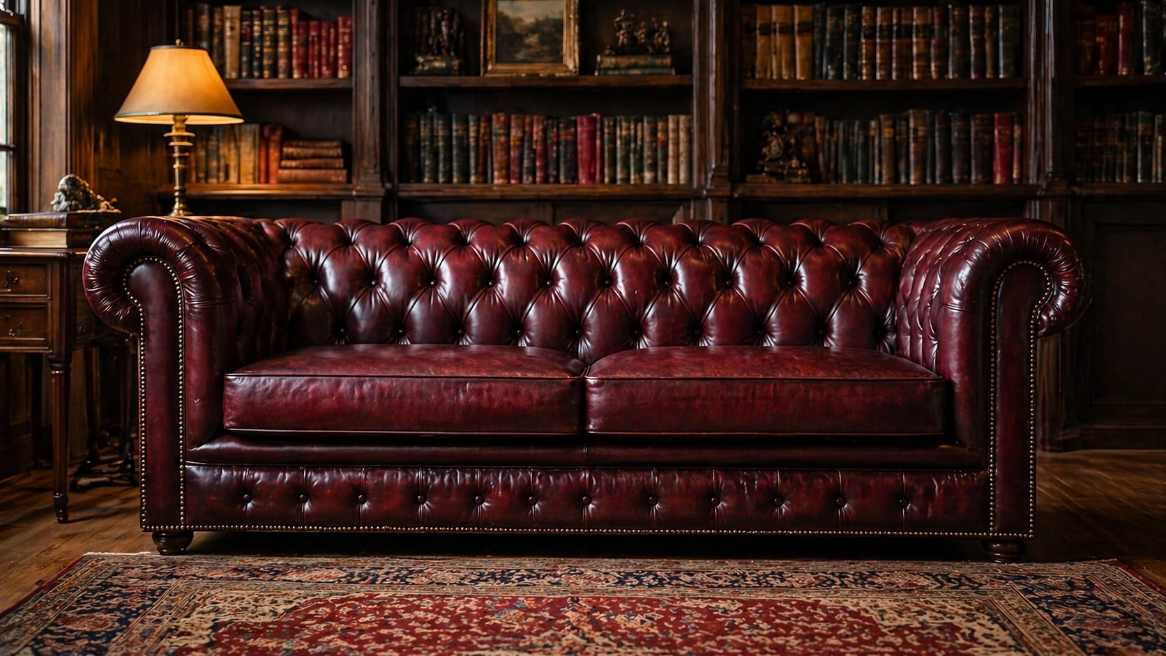 Classic tufted leather chesterfield sofa in a traditional study room
