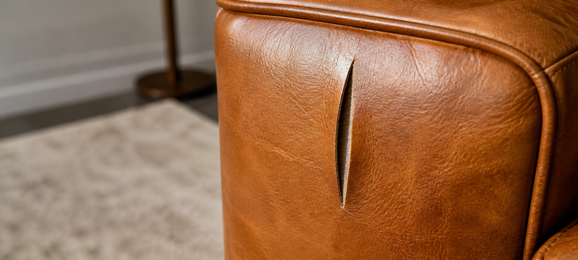 Clean tear in leather sofa caused by sharp object showing clean separated edges