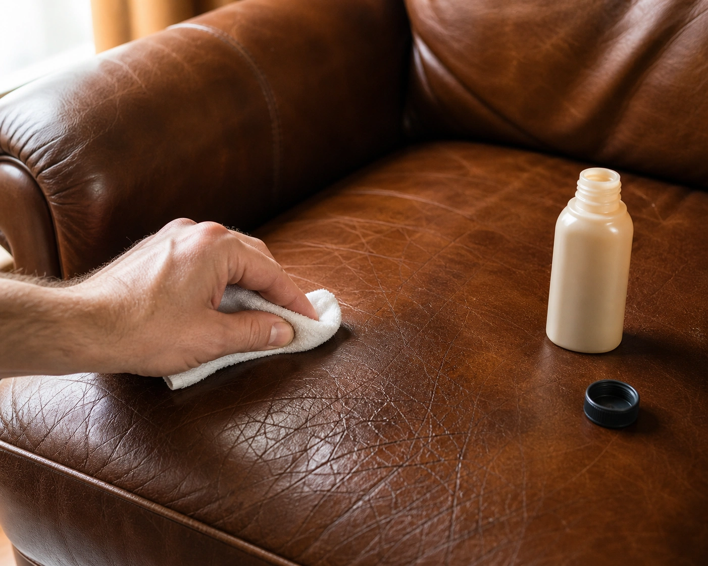 Applying leather conditioner to cracked leather sofa surface to restore moisture and flexibility
