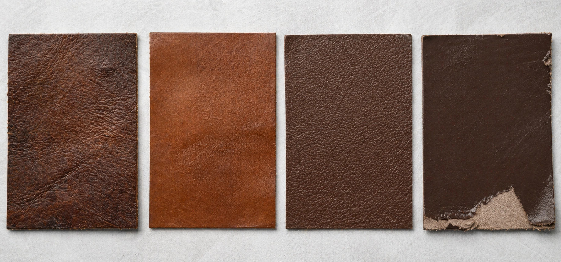 Side-by-side comparison of full-grain, top-grain, corrected grain, and bonded leather samples