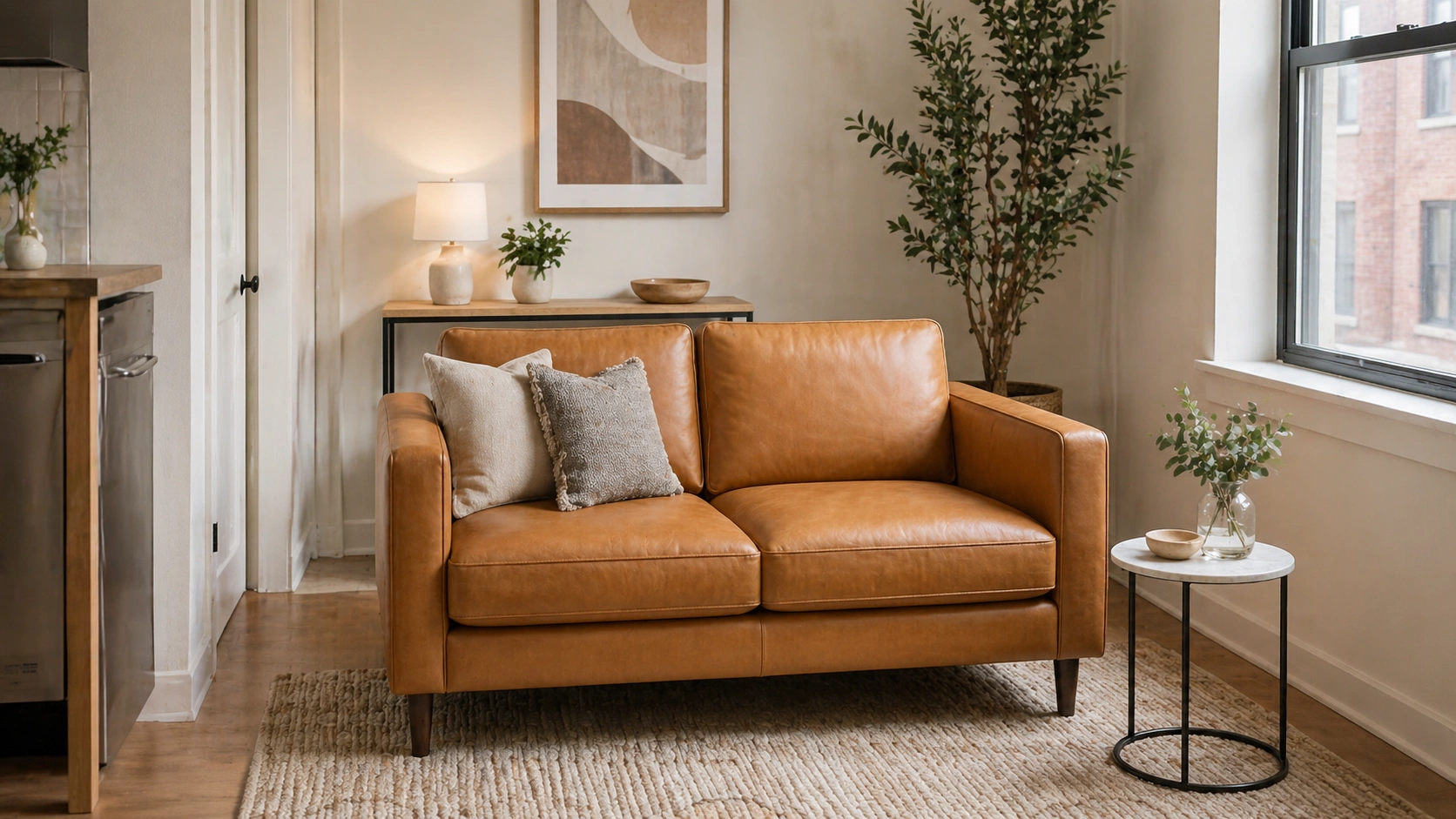 Compact leather loveseat for small apartment living room