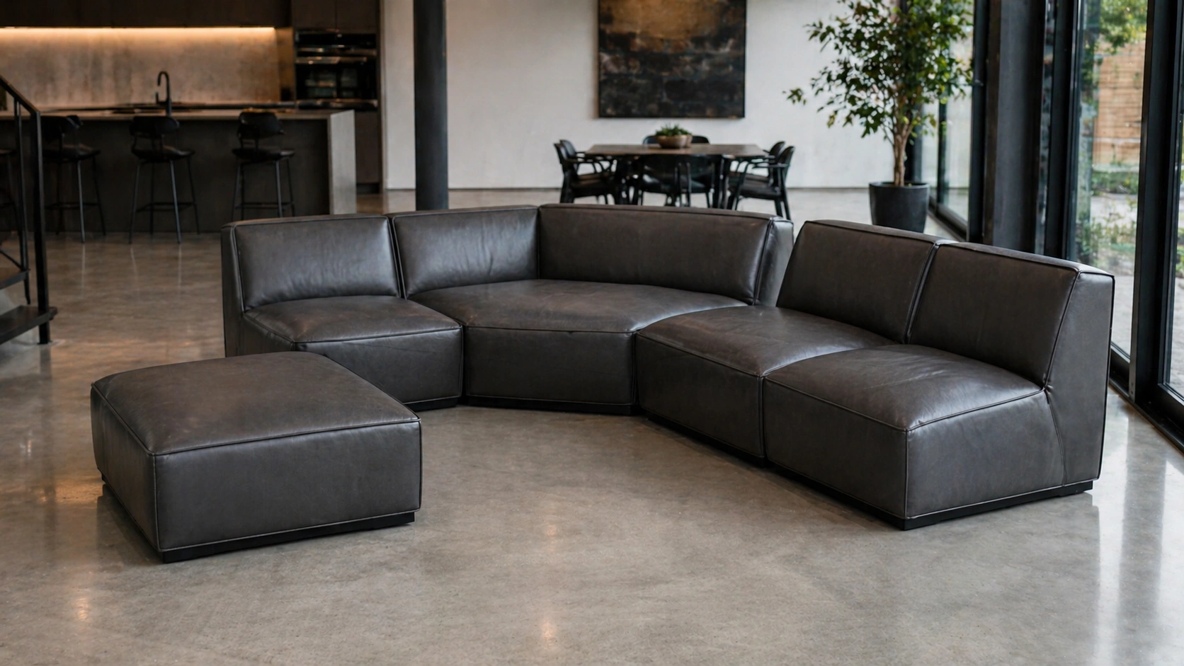 Modular leather sofa arranged in custom configuration