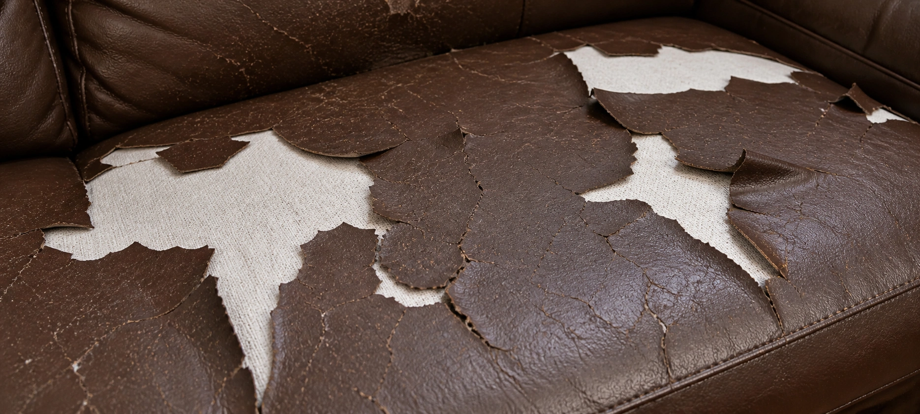 Bonded leather peeling and flaking off sofa cushion revealing backing material underneath