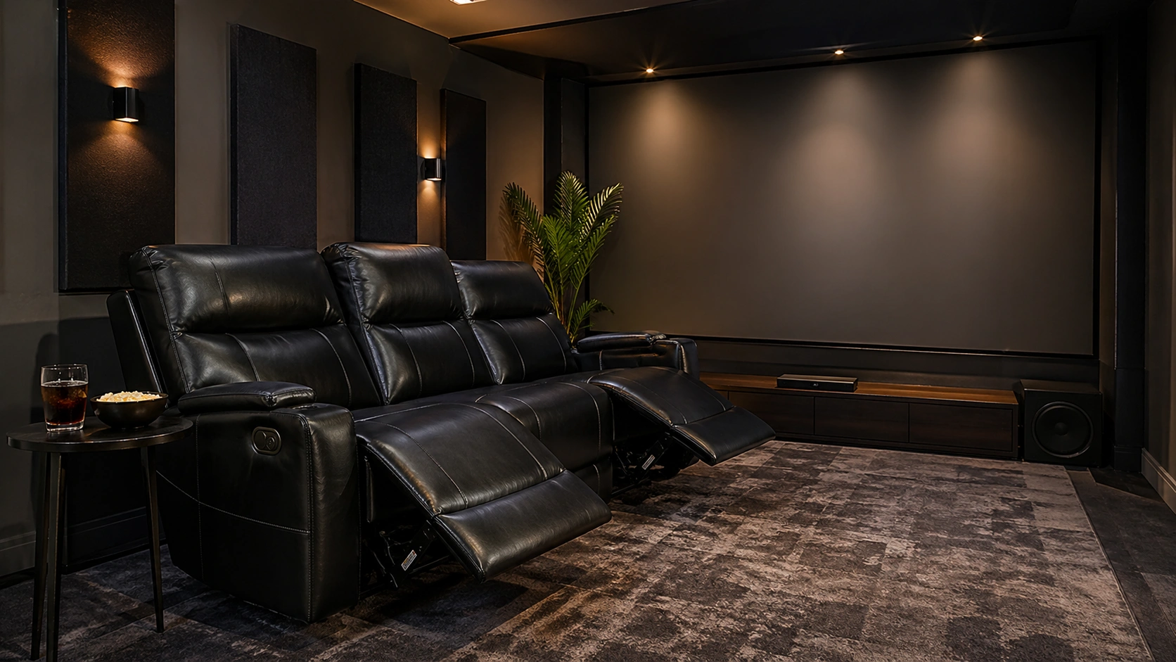 Leather recliner sofa with extended footrest in a home theater room