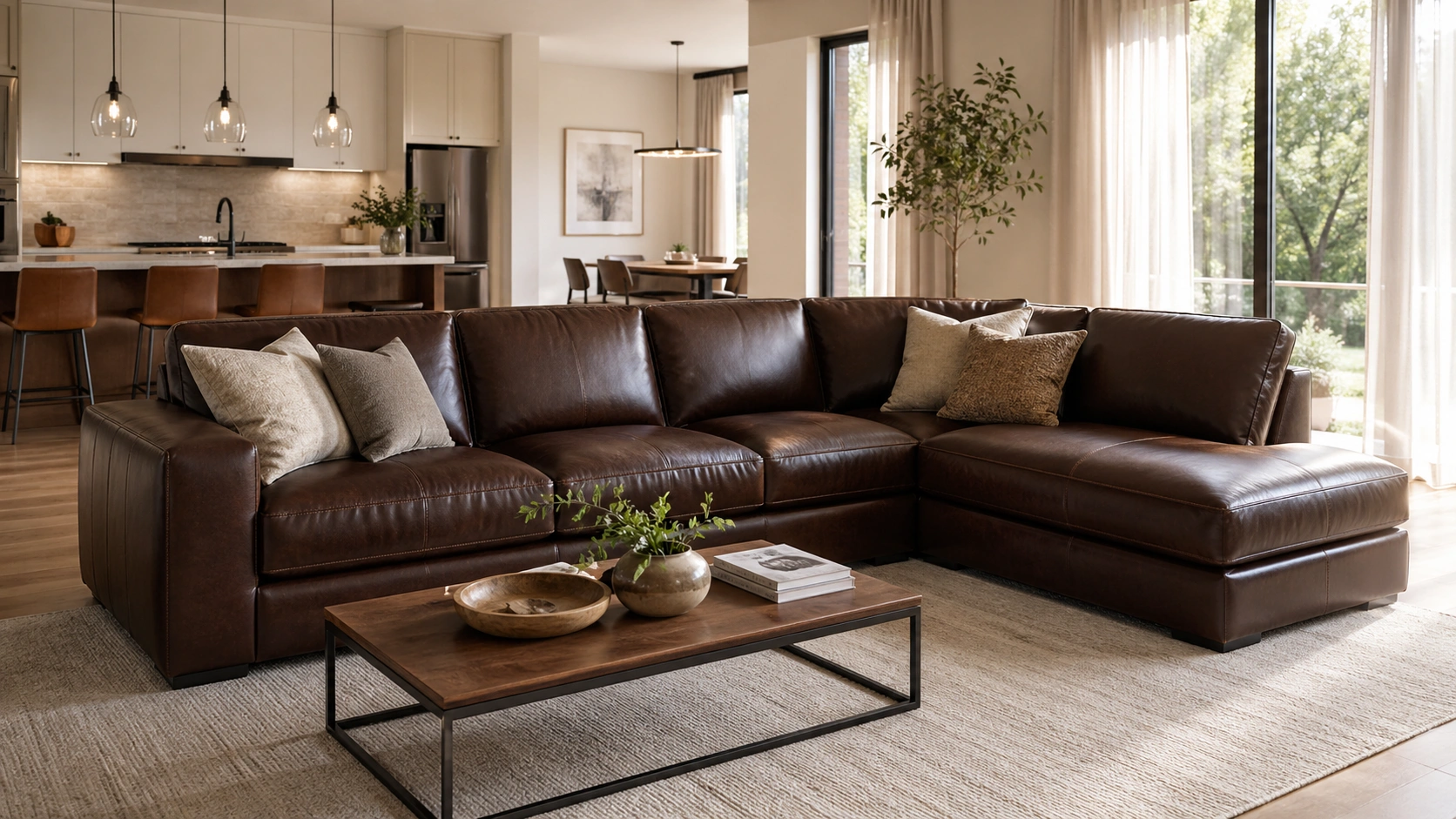 L-shaped leather sectional sofa in a spacious living room