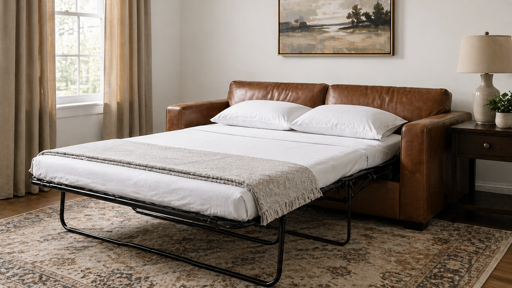 Leather sleeper sofa opened into a bed for overnight guests