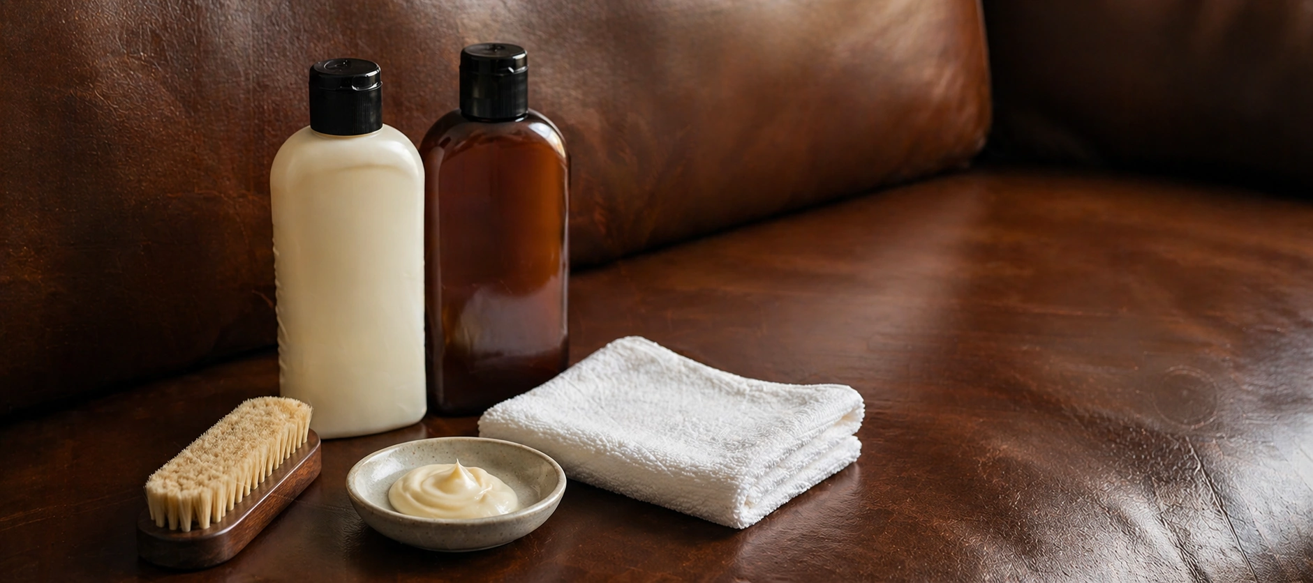 Leather sofa care products including conditioner, cleaner, and soft cloth on a well-maintained leather couch