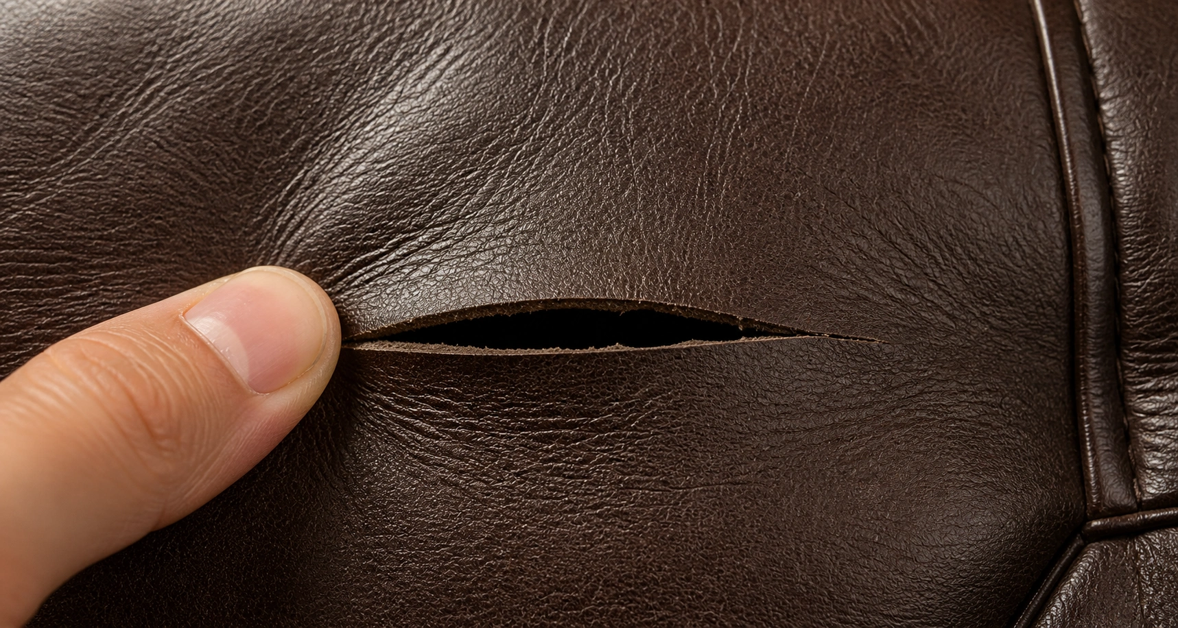 Close-up view of a tear in brown leather sofa upholstery showing the damaged fibers and surrounding material