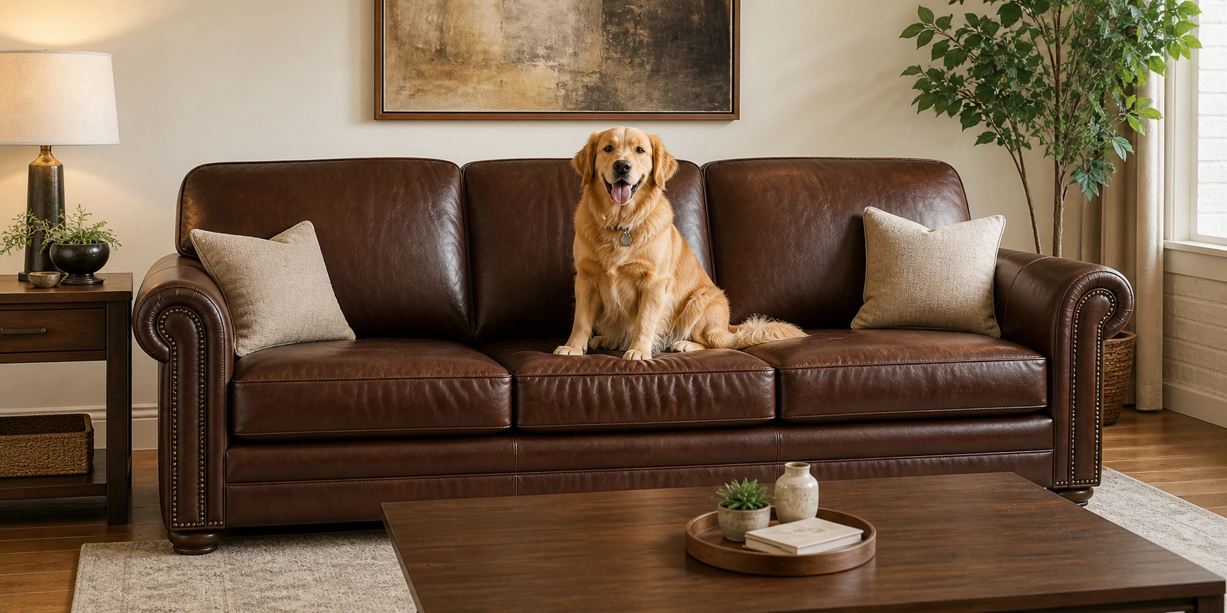 Golden retriever sitting on a dark leather sofa looking comfortable