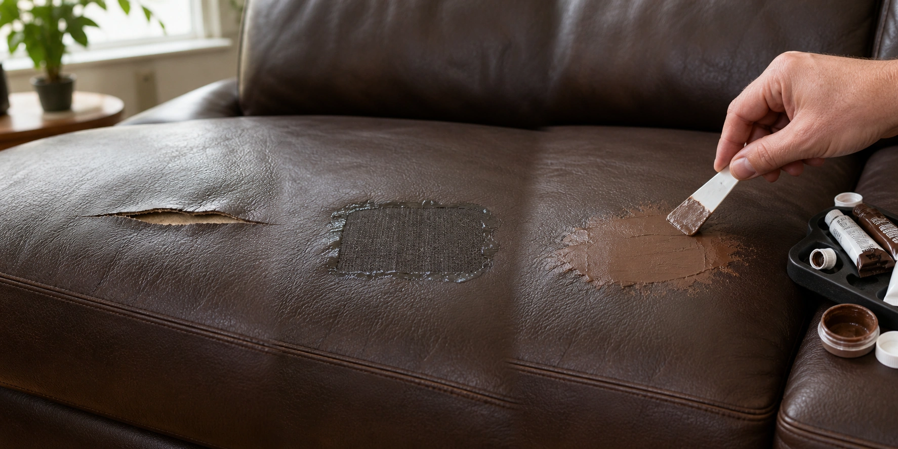Step by step process of repairing a leather sofa tear using sub-patch fabric and color compound