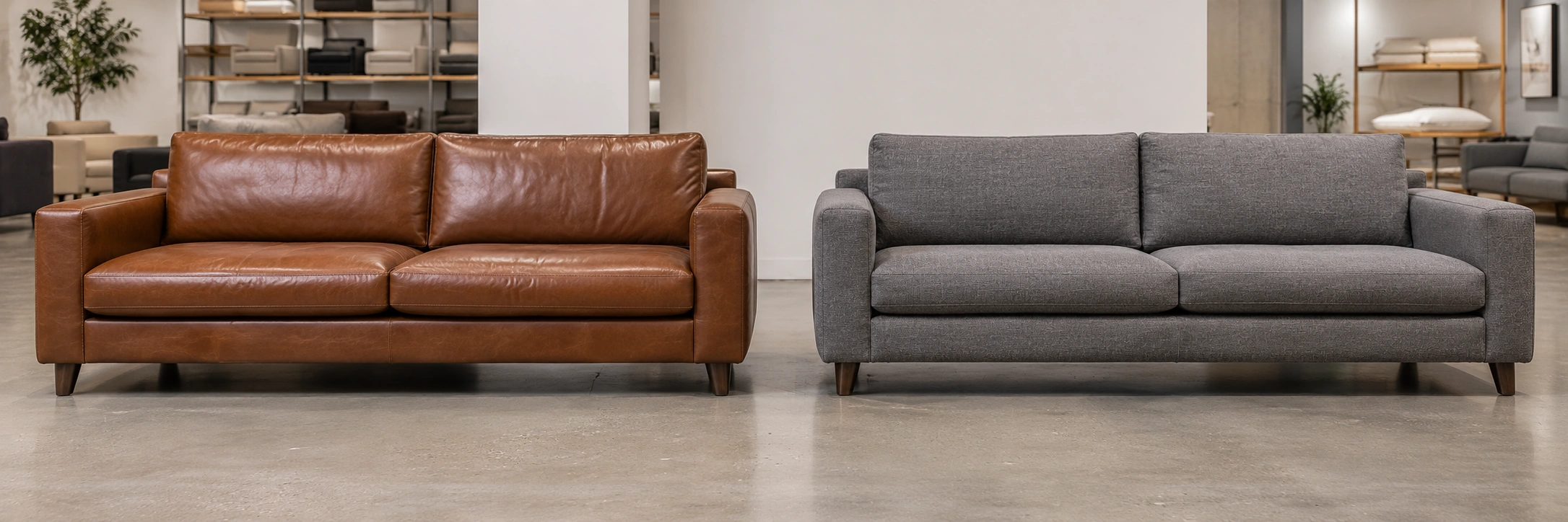 Side by side leather and fabric sofa comparing material costs