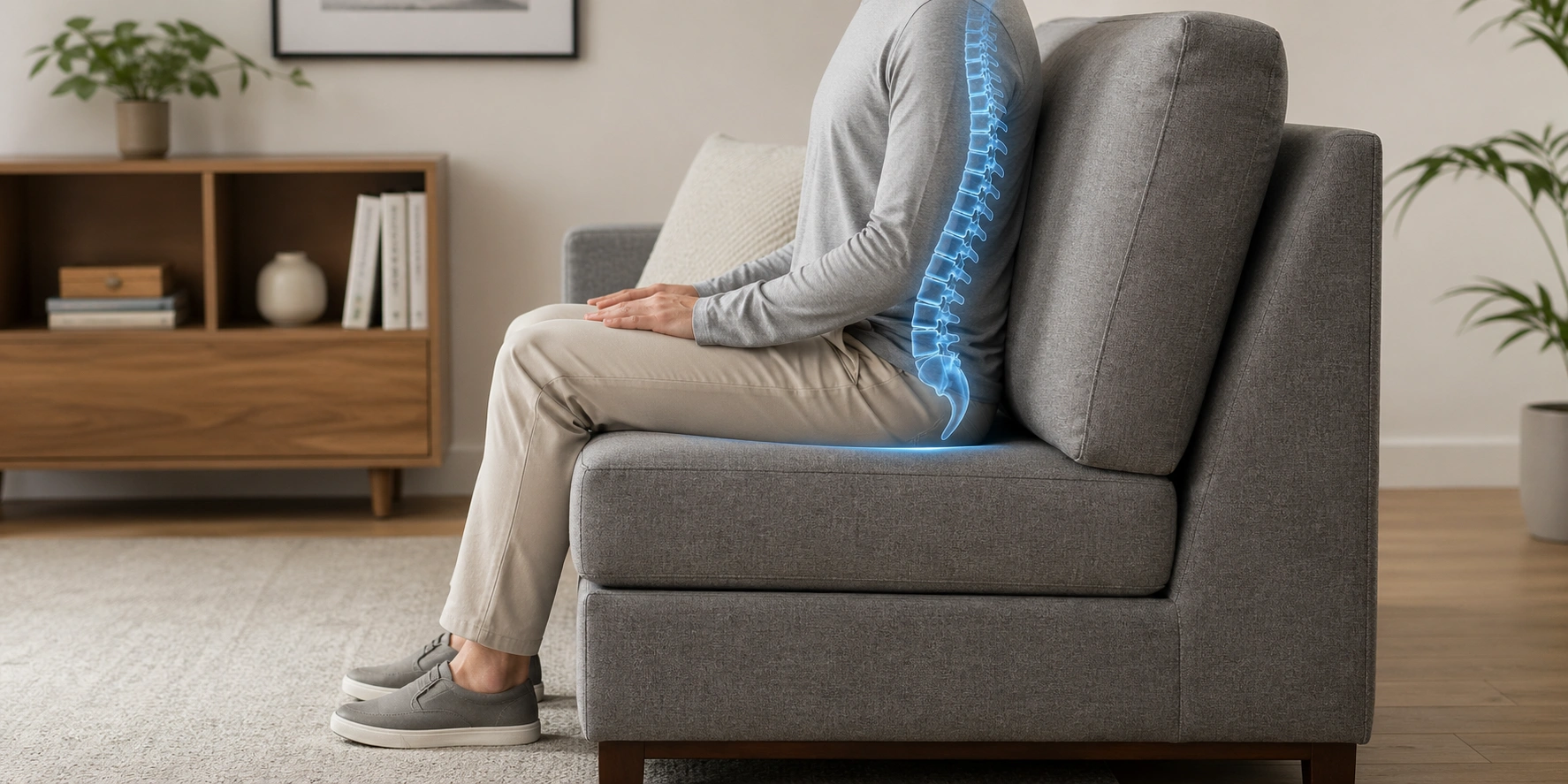 Person sitting on a firm supportive sofa for back pain