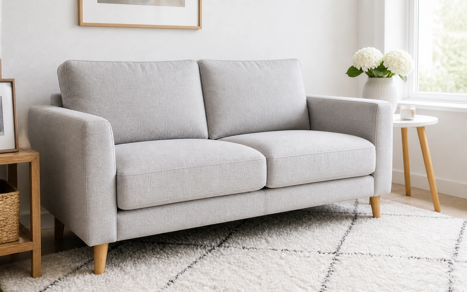 Light grey couch in a bright airy living room