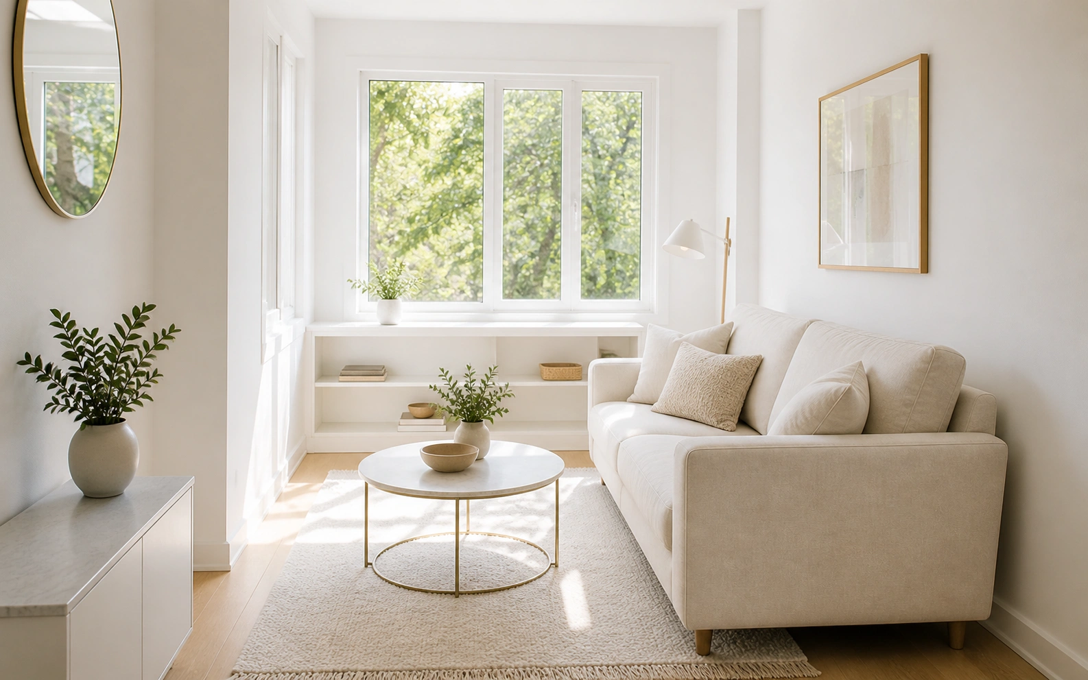 Light-colored sofa in a bright small living room creating an airy feel