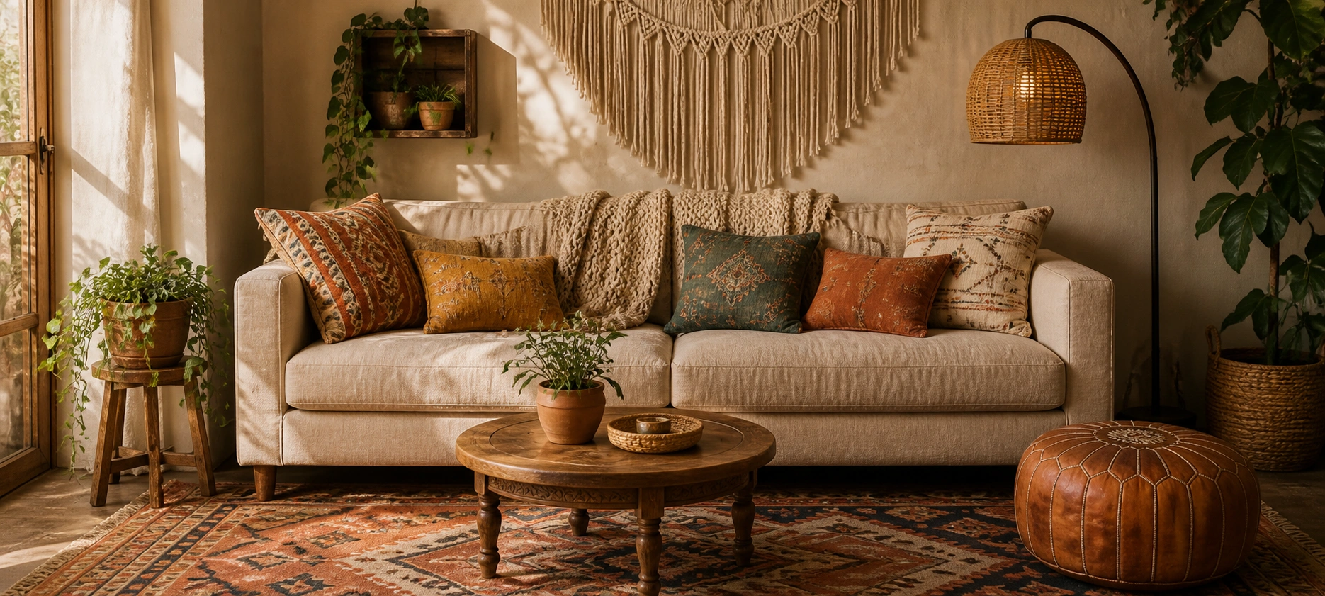 Bohemian style linen sofa with colorful throw pillows and patterned rug