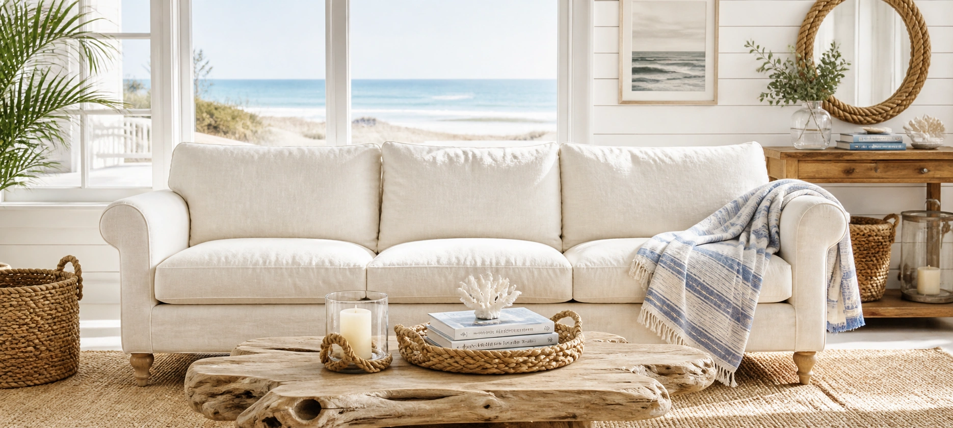 Coastal style linen sofa in light beige in a beach-themed living room
